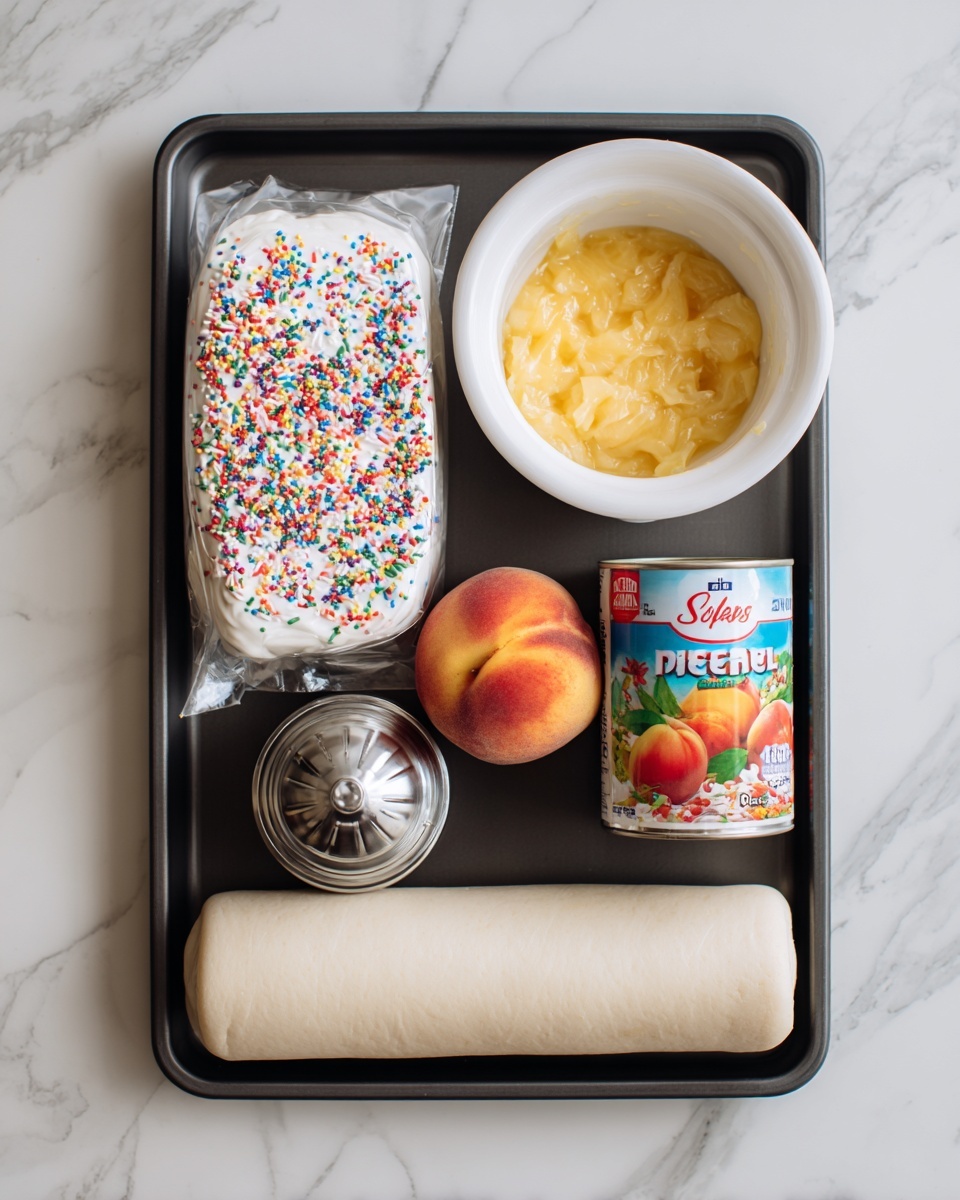The image shows a black tray with five items arranged neatly on a white marbled surface. On the left side, there is a white package of white cookie icing with colorful sprinkles on the front. Next to it is a round shiny silver kitchen tool. In the middle of the tray, there is a fresh orange-yellow peach with red blush. To the right of the peach is a small white bowl filled with bright yellow pie filling. On the far right, there is a can with a colorful label showing peaches, containing Simply Peach pie filling and topping. At the bottom of the tray lies a light beige roll of dough. Photo taken with an iphone --ar 4:5 --v 7