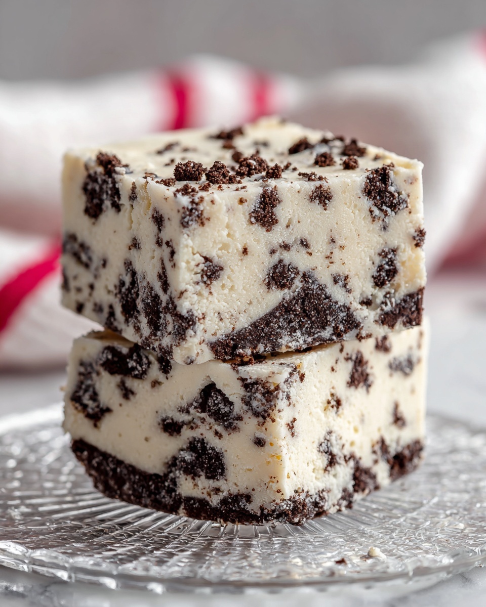 Two square pieces of cookies and cream fudge stacked on top of each other rest on a clear glass plate with a star pattern. The fudge is thick and creamy white with uneven dark chocolate cookie pieces mixed throughout, creating a speckled look. The edges of the fudge are clean and smooth, and the texture looks soft but firm. A white marbled surface and a white towel with red stripes are in the background. photo taken with an iphone --ar 4:5 --v 7