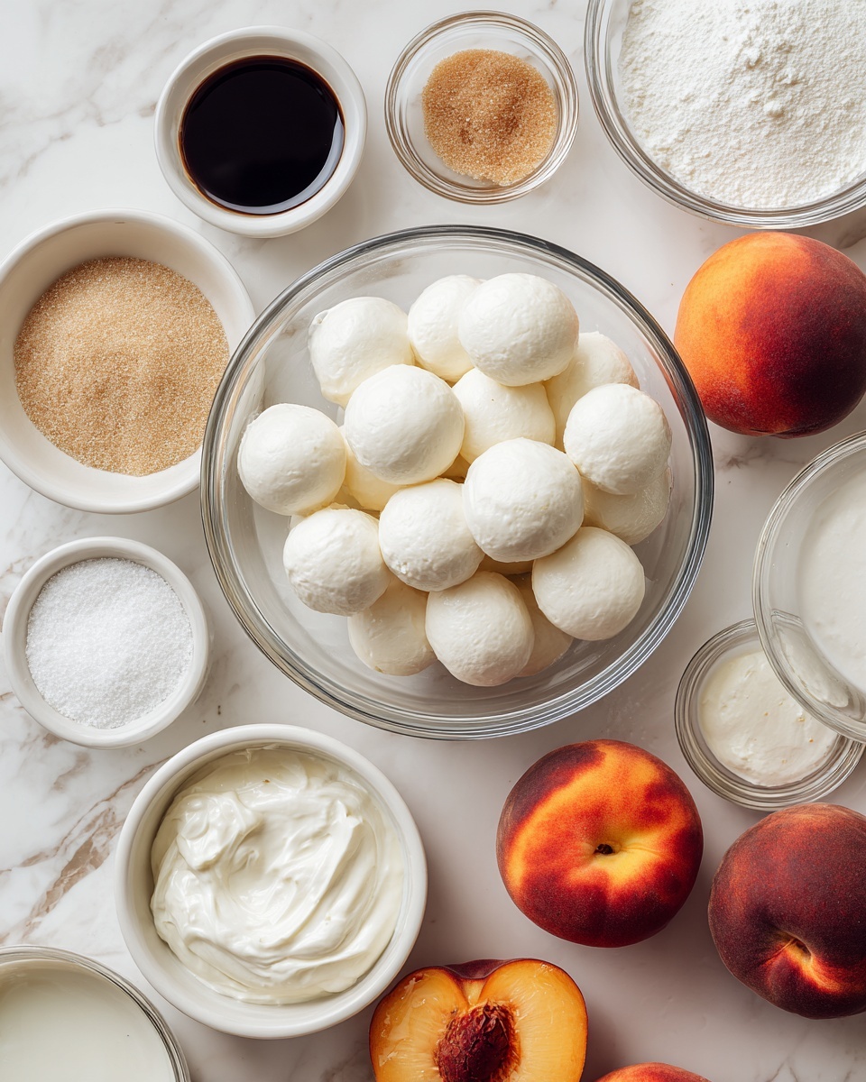 The image shows a top-down view of several white bowls arranged on a white marbled surface. In the center is a large glass bowl full of white, round balls of soft cheese. Surrounding it are smaller white bowls and glass containers with different ingredients: light brown sugar with a grainy texture, a dark liquid (probably vanilla extract), plain white sugar, a small pile of white powder (likely flour), and thick white cream cheese in a bowl. Around the bowls are fresh, ripe peaches with smooth skin in shades of red and orange, some whole and some without stems. The composition looks neat and ready for cooking preparation. Photo taken with an iphone --ar 4:5 --v 7