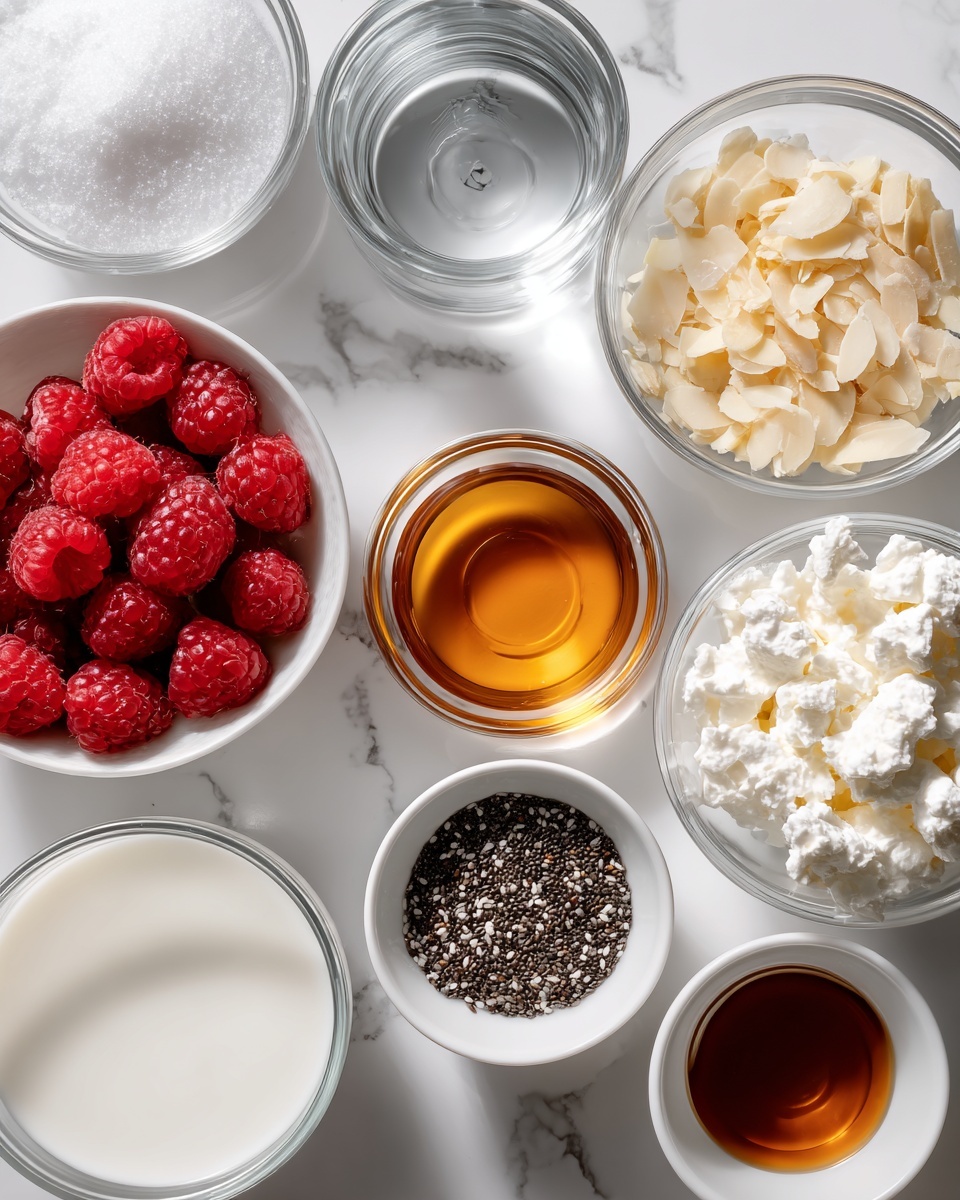The image shows several small clear glass bowls and one white bowl arranged on a white marbled surface, each containing different ingredients. At the top left, a bowl holds white salt crystals, next to it a bowl with clear water. Below salt, a bowl with small pale almond flakes is visible, and in the center, a bowl holds golden brown maple syrup. To the right of that, a smaller bowl contains dark amber vanilla liquid. Below the almond flakes, a white bowl is filled with black and white chia seeds. Next to it, a larger white bowl is full of white milk. At the bottom left, a clear glass bowl is filled with deep red raspberries, showing their texture. Next to the raspberries, another clear bowl holds white cottage cheese with its lumpy texture. All the bowls and their contents are well lit, with clear visibility of colors and textures. Photo taken with an iphone --ar 4:5 --v 7