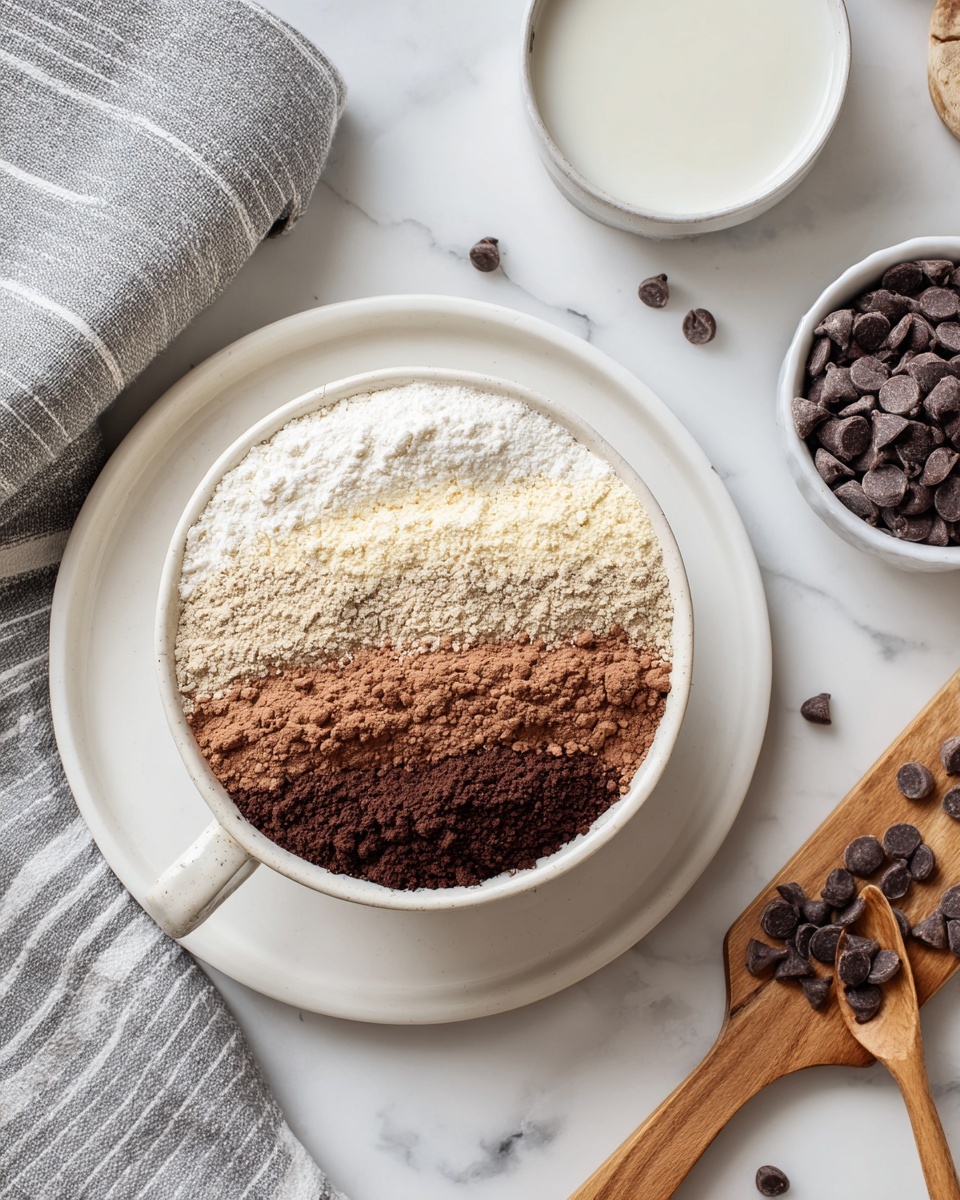 A white cup on a white plate holds five separate dry ingredients arranged in layers: light beige flour, white baking powder, medium brown sugar, dark cocoa powder, and a finer medium brown powder, all filling the cup evenly. To the upper right, a small white bowl contains chocolate chips, with some scattered on the white marbled surface nearby and a wooden spoon holding a few more chocolate chips. Above this setup is a small white bowl filled with a white liquid, placed on a wooden board. A folded gray linen cloth with white stripes lies to the upper left on the white marbled surface. The photo taken with an iphone --ar 4:5 --v 7