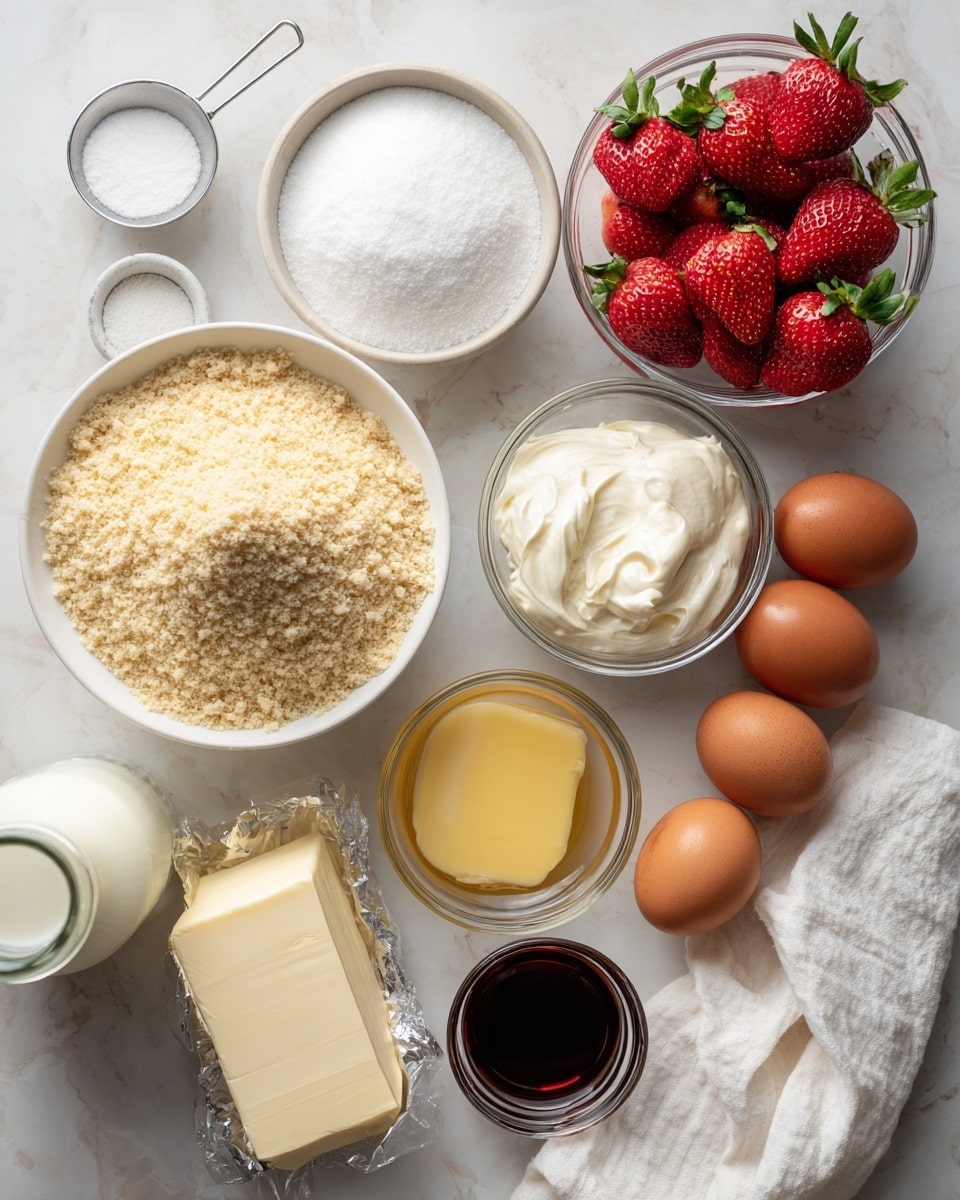 The image shows various baking ingredients placed on a white marbled surface. At the center, there is a white bowl filled with fine light brown crumbs. Above it to the left is a small measuring cup with white sugar, and next to it, a small clear bowl with thick white cream. To the right, there is another clear bowl full of fresh red strawberries with green leaves. Below the strawberries is a small clear bowl filled with melted yellow butter, and next to it are four brown eggs lined in a row. Below the eggs, a white wrapped block of cream cheese is partly open. At the bottom left corner, there is a glass bottle of milk and a small glass container of dark liquid, likely vanilla extract. The ingredients are bright and neatly arranged, and a white cloth is folded on the bottom right corner. The photo taken with an iphone --ar 4:5 --v 7