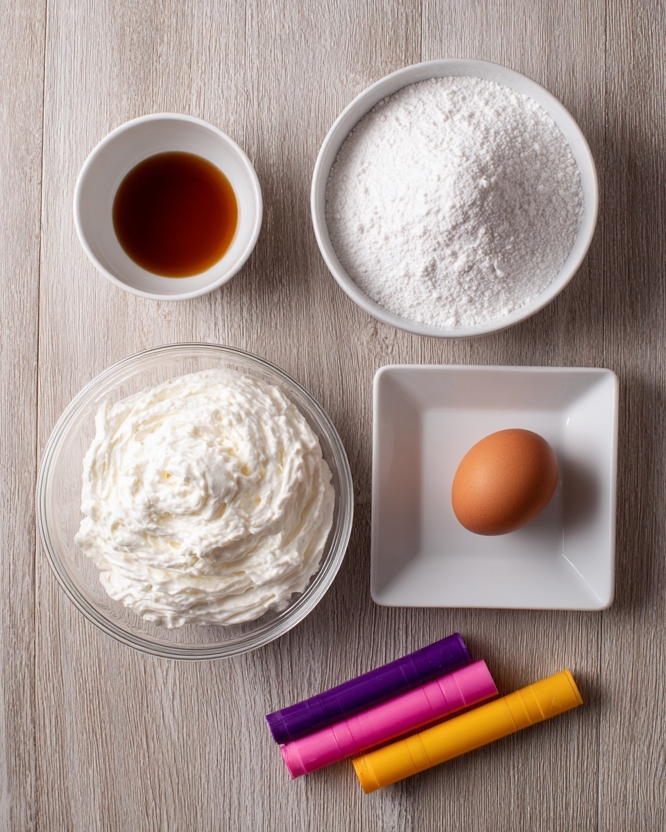 The image shows a box of Betty Crocker Super Moist white cake mix placed on a wooden textured surface. To the right, there is a white bowl filled with white powdered sugar, below it is a white square plate with one brown egg, and a small white cup filled with a brown liquid, likely vanilla extract. At the bottom left, there is a clear glass bowl filled with thick, white whipped frosting. Three small color tubes—purple, pink, and yellow—are laid side by side near the bottom right corner. The setting is neat and well-arranged on the wooden textured surface. photo taken with an iphone --ar 4:5 --v 7