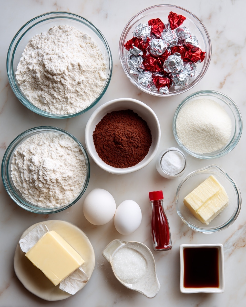 The image shows a white marbled surface with several clear glass bowls and white dishes containing baking ingredients. There are two large clear bowls, one filled with white flour and the other with red and silver wrapped candies. A smaller clear bowl holds brown cocoa powder, while another contains white granulated sugar. There is a small measuring cup with white liquid, a white dish with white baking soda and salt, a whole white egg, a stick of yellow butter wrapped in paper, a small white square dish holding a dark brown liquid, and a small bottle of red food coloring. The items are neatly arranged with no overlaps photo taken with an iphone --ar 4:5 --v 7