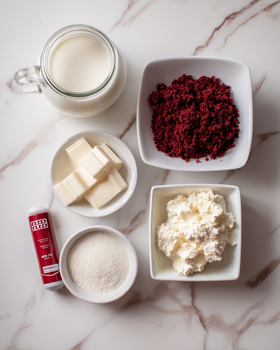 The image shows several ingredients on a white marbled surface. There is a glass jar filled with white liquid, a glass bottle with a similar white liquid, a white square bowl filled with dark red crumbled cake, another white square bowl with white cream cheese, a third white square bowl with white sugar, and a small red tube labeled