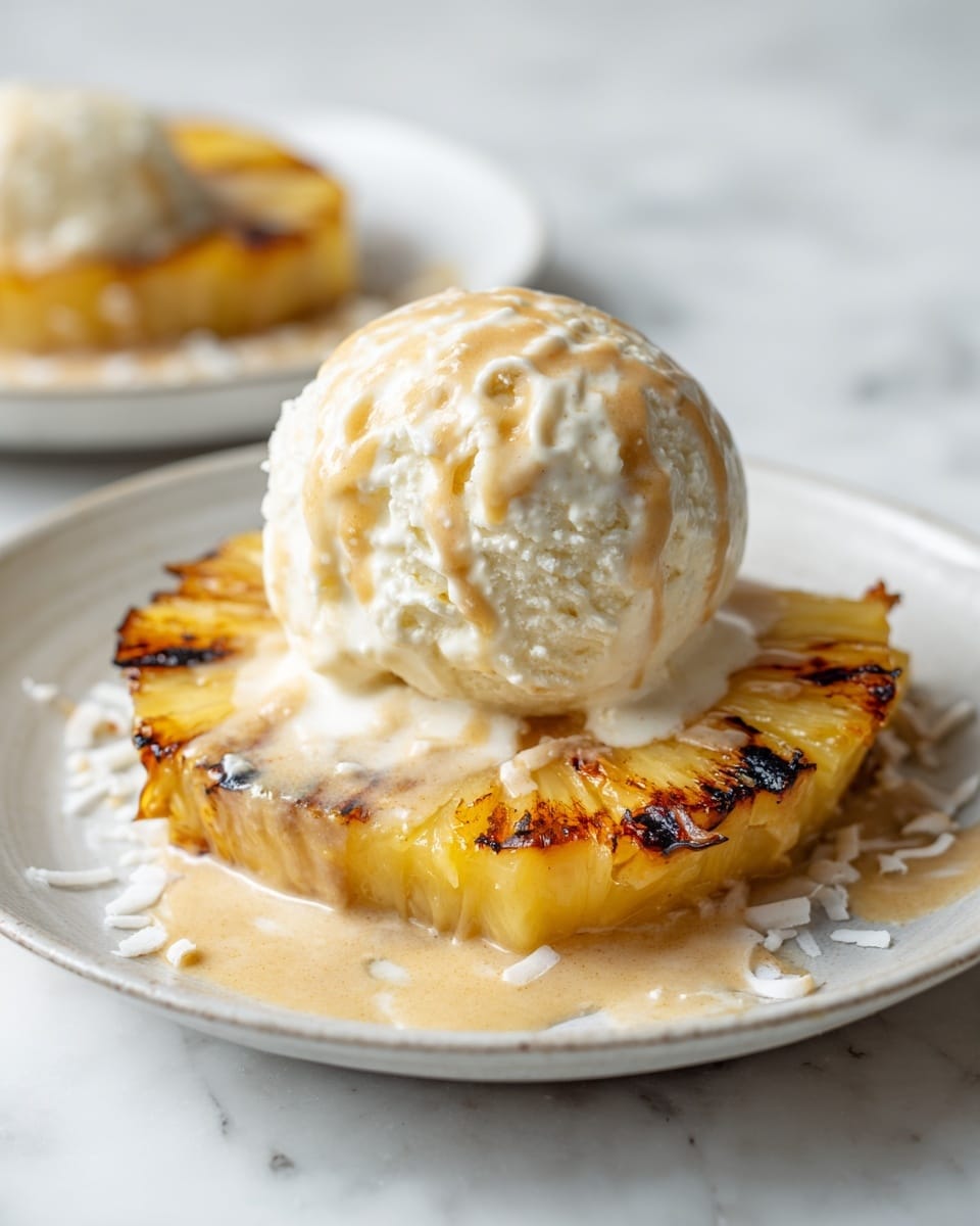 A single grilled pineapple round sits at the center of a white plate on a white marbled surface, showing light char marks and a juicy texture. On top of the pineapple slice, there is one large scoop of vanilla ice cream, smooth and creamy with a slightly melting base. Caramel sauce is drizzled generously over the ice cream and pineapple, creating amber-colored pools and streaks across the plate, adding a glossy shine to the dessert. The background features another plate with a similar dessert, softly out of focus. photo taken with an iphone --ar 4:5 --v 7