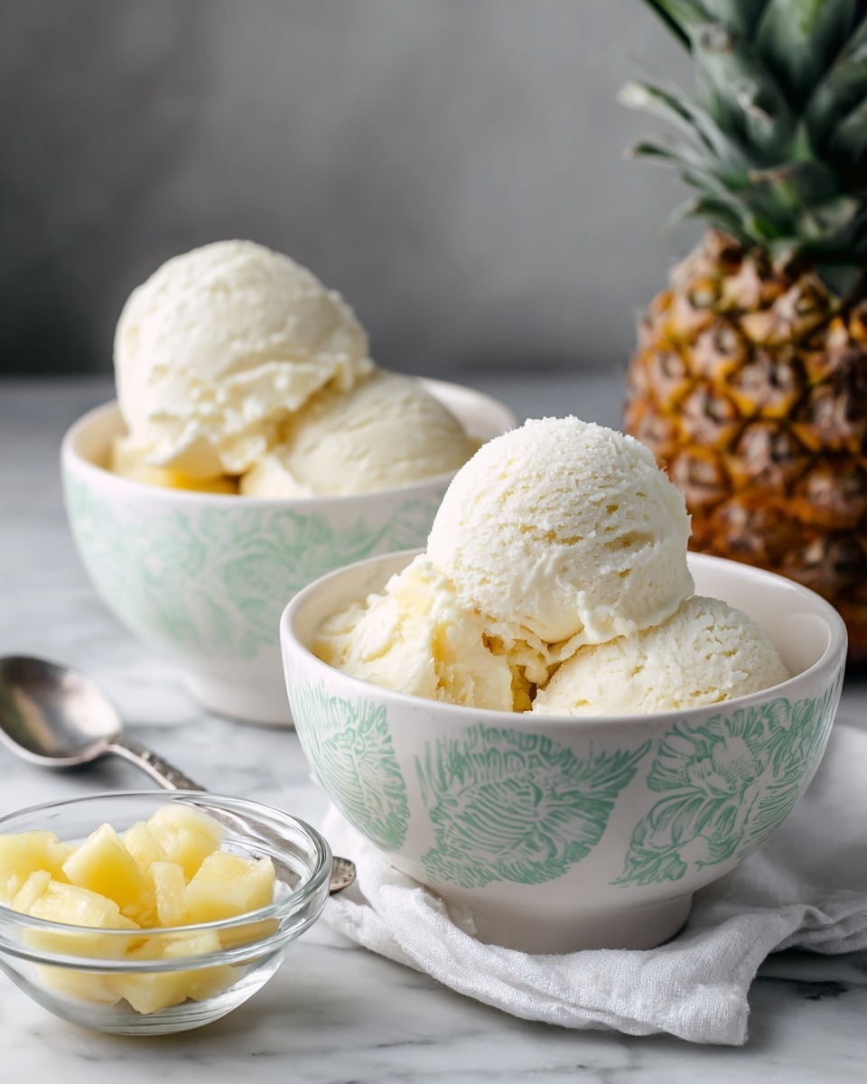 The image shows two green patterned white bowls on a white marbled surface, each filled with creamy white ice cream scoops on top of bright yellow pineapple chunks. To the left, there is a clear glass bowl holding extra yellow pineapple pieces. Near the bowls, a metal spoon lies on a white cloth. Part of a pineapple fruit is visible in the upper left corner of the image. The lighting is bright and natural, highlighting the smooth texture of the ice cream and the juicy look of the pineapple. photo taken with an iphone --ar 4:5 --v 7