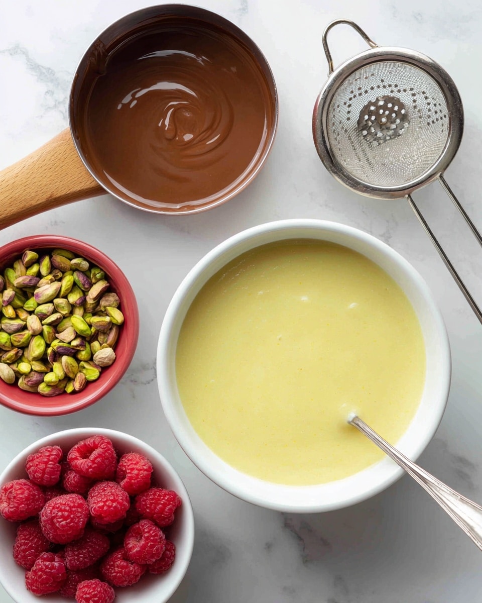 A white bowl filled with creamy, smooth yellow custard with a spoon resting inside on the right side. Above the bowl, there is a small metal sifter with holes and a handle. To the left of the custard, a small saucepan with a wooden handle contains thick, melted brown chocolate. Below the saucepan, a small red bowl holds bright green pistachio nuts. At the bottom left corner, a white bowl is filled with fresh, bright red raspberries. All of this is placed on a white marbled surface. photo taken with an iphone --ar 4:5 --v 7