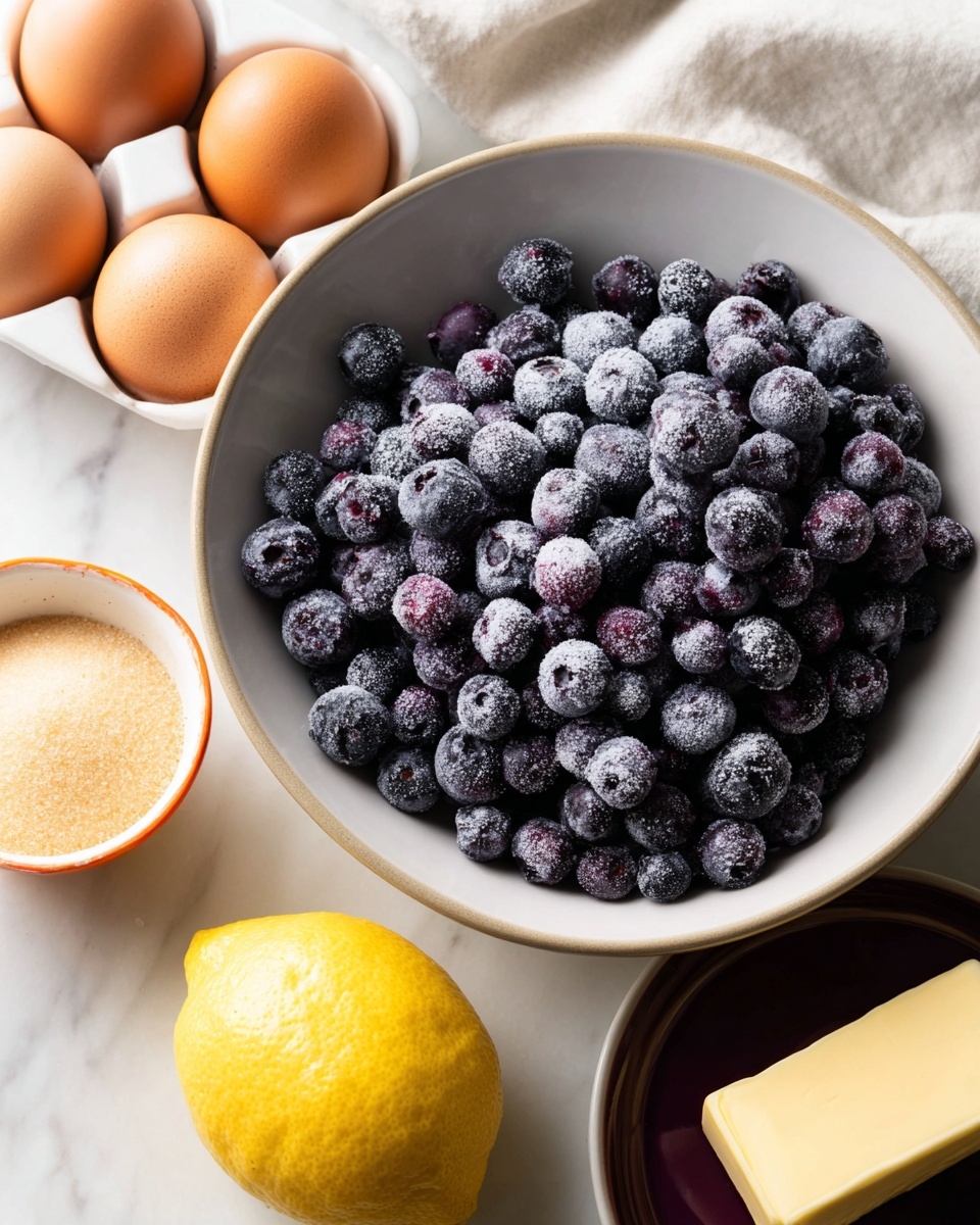 A white bowl filled with a large pile of dark purple frozen blueberries covered in frost is placed on a white marbled surface. Nearby, there are three brown eggs arranged together, a bright yellow lemon, a small white bowl with an orange rim holding light brown sugar, and a small dark maroon plate with a pale yellow block of butter. All the items are spread out neatly on the surface. photo taken with an iphone --ar 4:5 --v 7