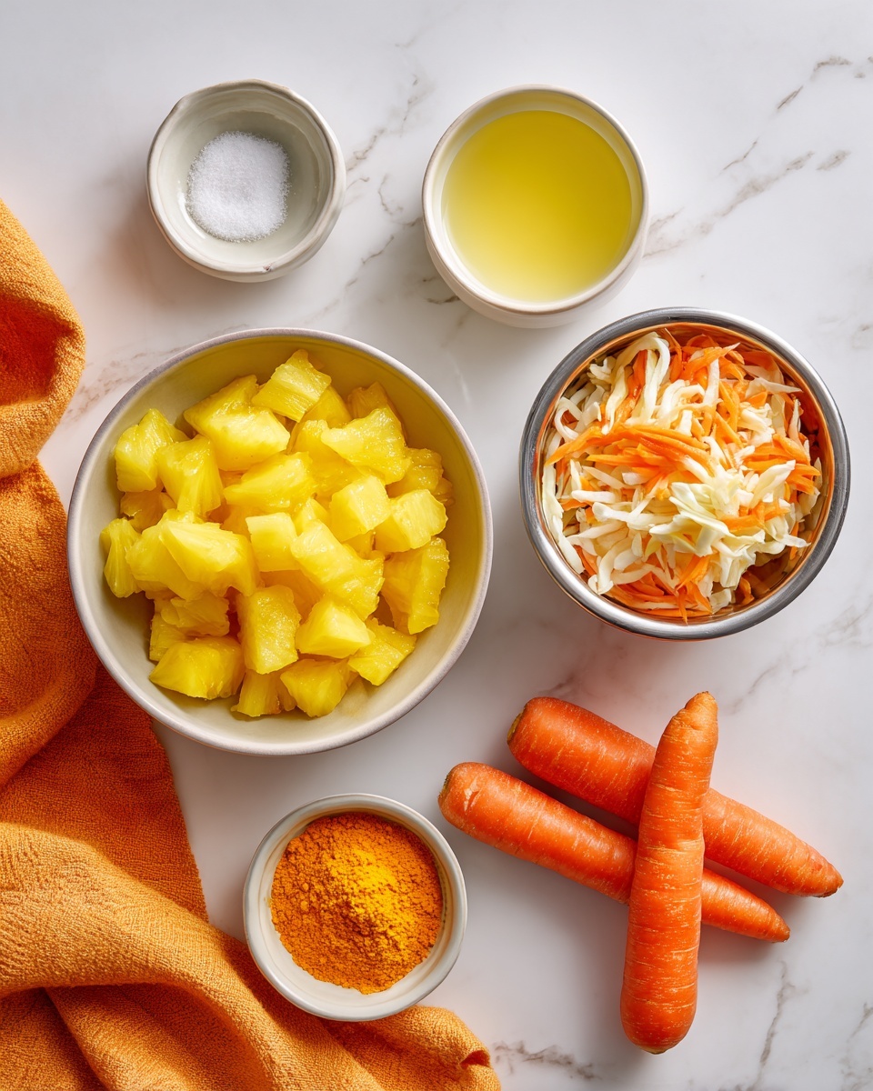 The image shows six main items arranged neatly on a white marbled surface. There is one medium bowl filled with yellow canned pineapple pieces in juice, placed on the left. Next to it is a small white bowl holding a pinch of salt, and just below that, another small bowl with clear lemon juice. To the right of these bowls is a metal cup filled with shredded orange and white carrots or a coleslaw mix, with two whole orange carrots placed beside it. In the lower center, there is a small white bowl containing orange gelatin powder. An orange towel is partially spread out in the bottom left corner. The setup is clean and colorful, highlighting fresh and bright ingredients. photo taken with an iphone --ar 4:5 --v 7
