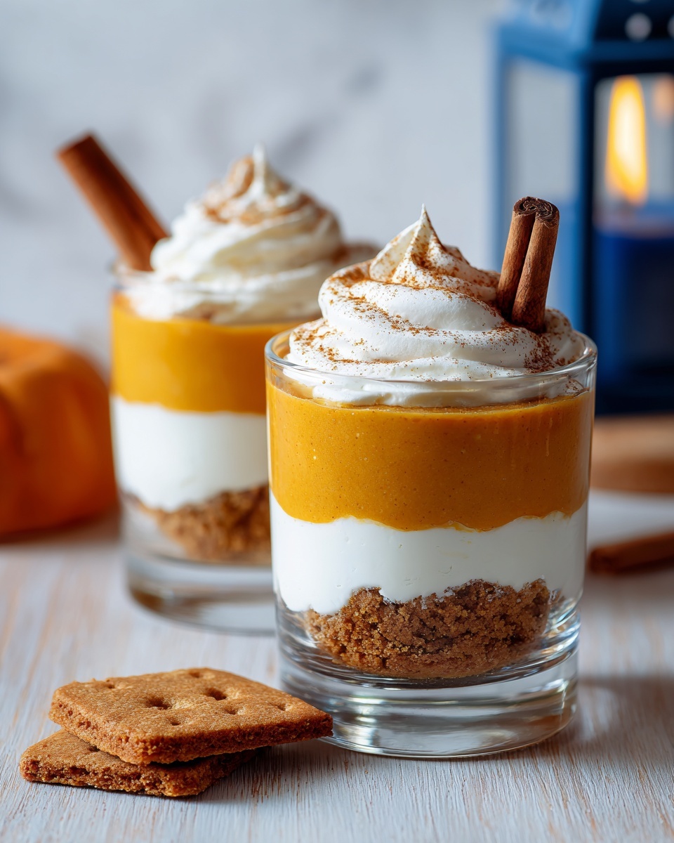 Two clear glass cups with layered desserts sit on a white marbled surface with two brown cookies in front. The left glass is wider with three layers: a bottom crumbly brown layer, a thick middle orange layer, and a top white creamy layer sprinkled with brown powder. A cinnamon stick rests inside this glass. The right glass is taller and rounder with similar layers but slightly mixed, showing crumbs at the bottom, thick orange in the middle, and white on top with light brown sprinkles. A blurred gray blue lantern with a candle is in the background. Photo taken with an iphone --ar 4:5 --v 7