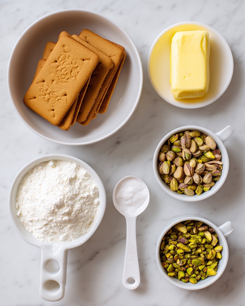 The image shows four white containers placed on a white marbled surface: a large white bowl on the left filled with a stack of brown rectangular Lotus biscuits; a small white bowl on the right with a thick stick of yellow butter; below them, a white measuring cup on the left filled with a white powder, a white measuring spoon in the middle with no contents, and a white measuring cup on the right filled with greenish-brown pistachios. photo taken with an iphone --ar 4:5 --v 7