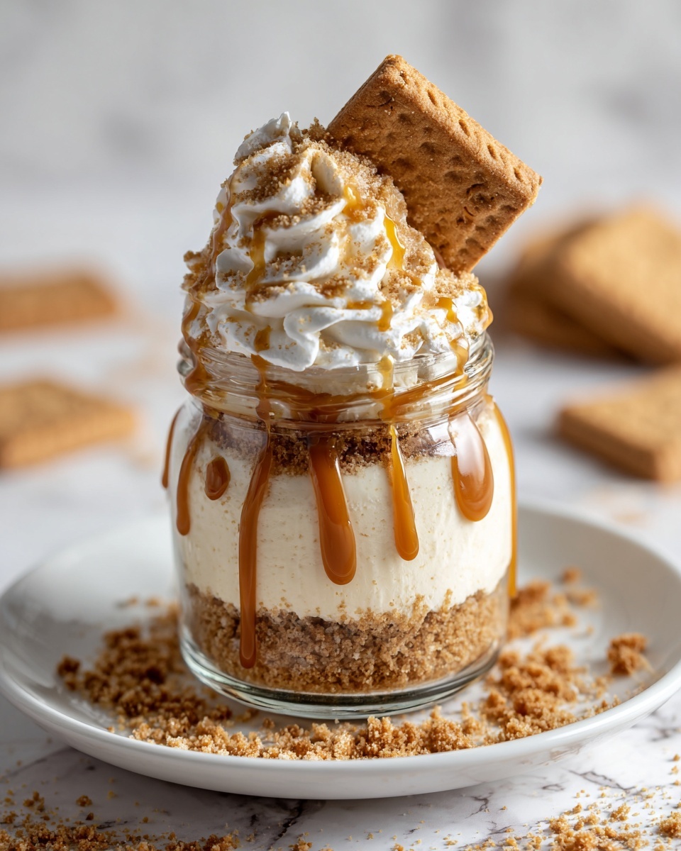 The dessert is in a small clear glass jar with three visible layers. The bottom layer is a smooth, light brown crumbly base. The middle layer is thick and creamy white. The top layer is white whipped cream shaped into swirls, drizzled with a light brown sauce that drips down the sides. A whole rectangular light brown cookie is placed upright in the whipped cream, with small cookie crumbs sprinkled on top. The jar sits on a white plate on a white marbled surface. Photo taken with an iphone --ar 4:5 --v 7