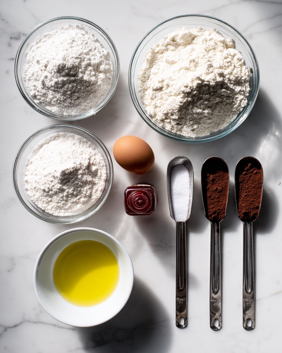 A white marbled surface holds several ingredients arranged neatly for baking. On the left, there are three clear glass bowls filled with white flour, white sugar, and white buttermilk. In front of them is a small white bowl with yellow vegetable oil. To the right are three long metal measuring spoons aligned vertically, filled with brown cocoa powder, white salt, and white baking soda. Above these spoons is a small bottle of red food coloring, next to a single brown egg placed on the marbled surface with a bit of shadow. The scene is clean, bright, and organized. photo taken with an iphone --ar 4:5 --v 7