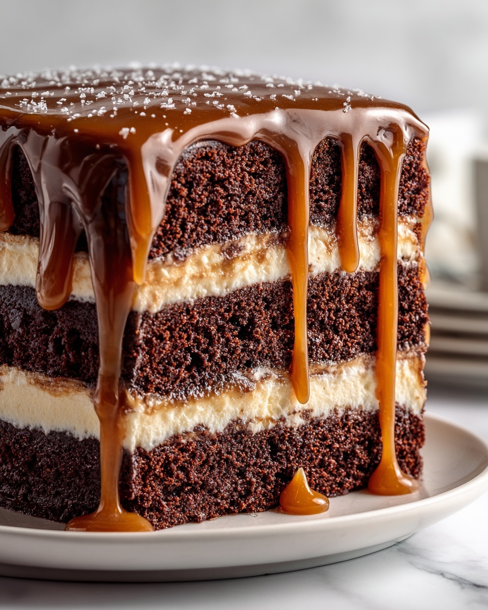 This image shows a close-up of a three-layer brownie stacked vertically on a white plate with a white marbled surface. Each brownie layer is dark brown and moist with a slightly crumbly texture. Between the layers and on top, there is a rich caramel sauce in a smooth, golden-brown color that drips down the sides, creating a shiny and luscious glaze. The caramel sauce forms thick drops that run unevenly along the edges of the brownies, adding a dripping effect. In the blurred background, there are parts of other similar brownies with the same textures and colors visible. Photo taken with an iphone --ar 4:5 --v 7