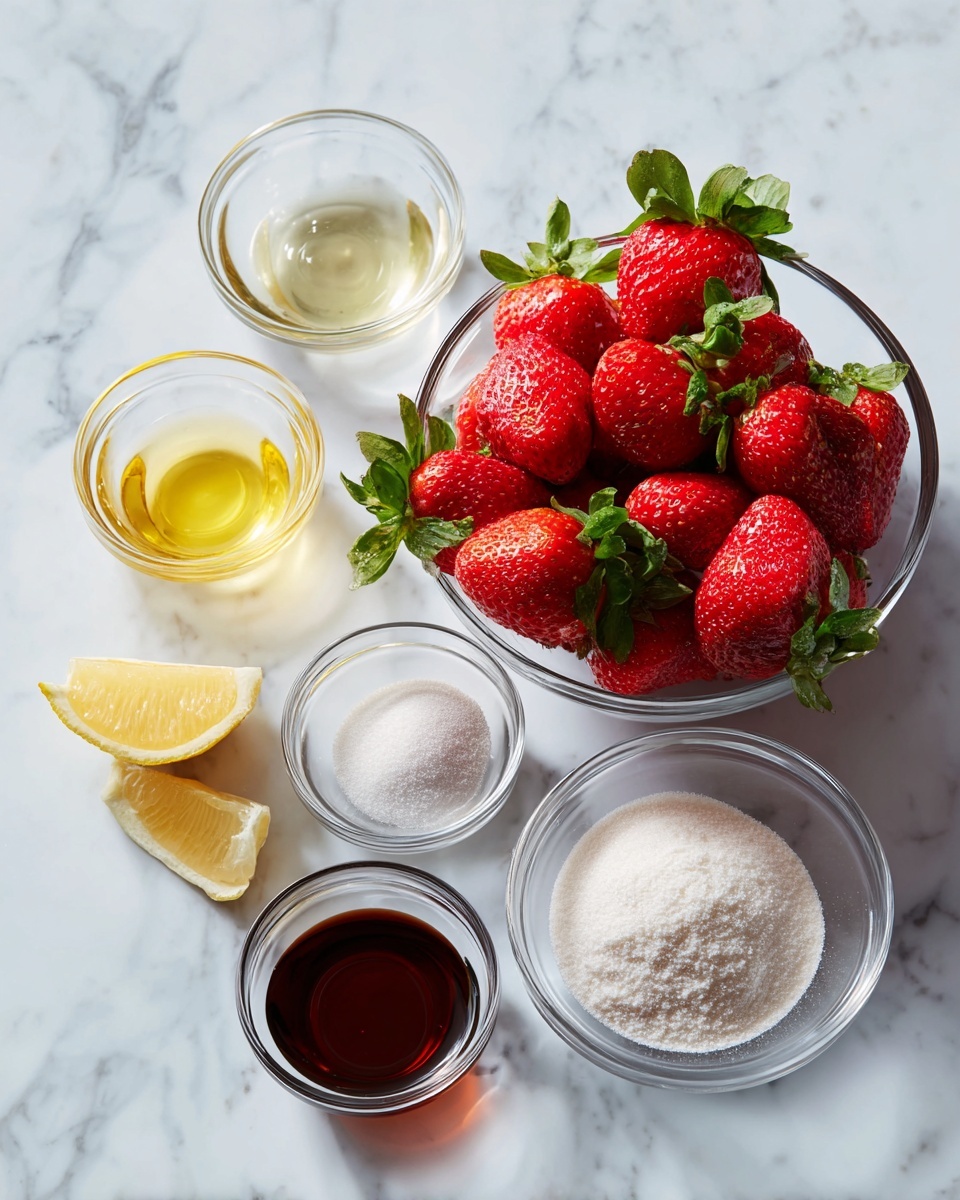 The image shows six small clear glass bowls arranged on a white marbled surface. In the center, the largest bowl is filled with bright red strawberries with green leaves, full and fresh. Around it, five smaller bowls hold different ingredients: one with a small amount of pale yellow lemon juice, another with white cornstarch powder, a third with a dark brown vanilla liquid, a fourth with clear water, and the last with white granulated sugar. Each bowl displays its contents clearly, and the whole setup looks neat and ready for cooking preparation. Photo taken with an iphone --ar 4:5 --v 7
