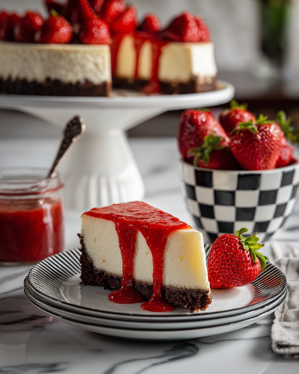 A slice of cheesecake on a white plate with black stripes shows three layers: a brown crumbly base, a thick creamy white middle, and bright red strawberry sauce dripping down the sides, forming three streaks on top and pooling slightly at the bottom. Behind it, there is a bowl with a black and white check pattern, filled with fresh red strawberries with green leaves, and one strawberry resting outside the bowl on the wooden surface. To the left, a clear glass cup holds more bright red strawberry sauce with a spoon inside. In the background, a white cake stand holds a larger cake topped with red raspberries. All items sit on a white marbled surface. photo taken with an iphone --ar 4:5 --v 7
