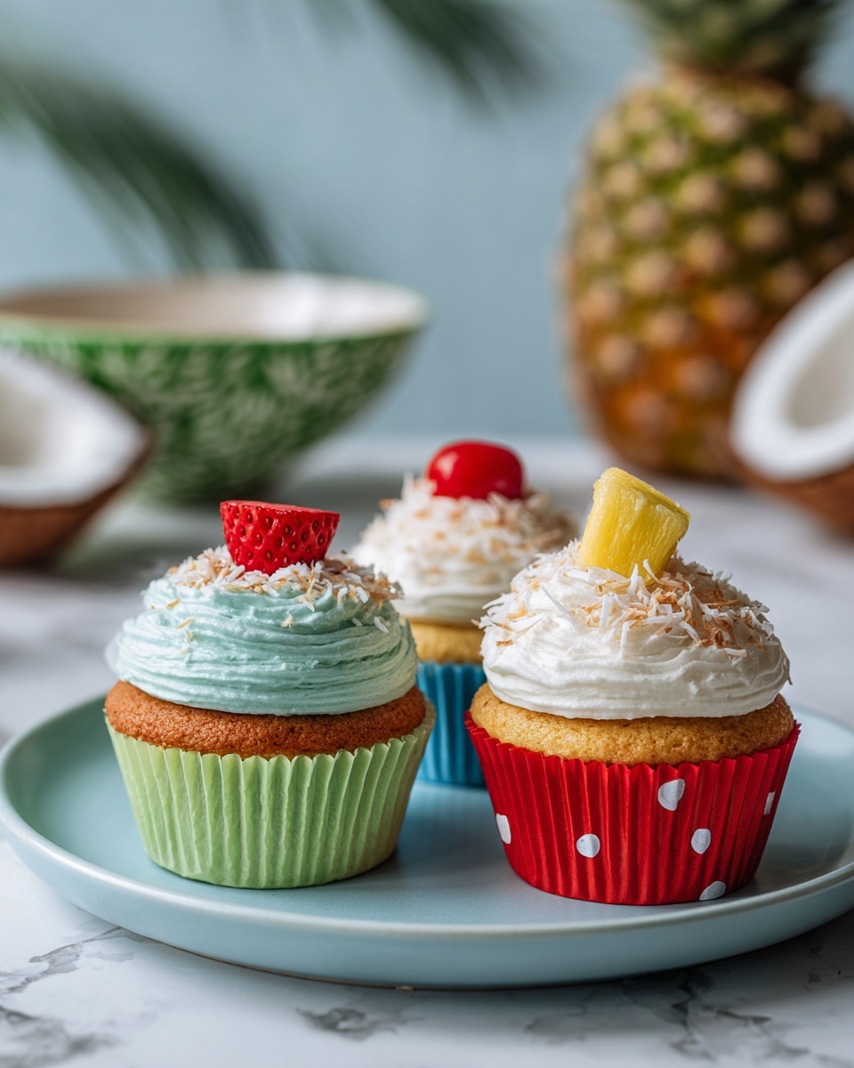 The image shows three cupcakes placed on a light blue plate with small dark specks. Each cupcake has a colorful paper liner: one blue, one yellow with white spots, and one red visible partially behind. On top, there is a thick layer of white frosting with a textured, slightly swirled pattern. The frosting is sprinkled with toasted coconut flakes and each cupcake is decorated with a small slice of bright yellow pineapple and a red strawberry piece with green leaves. The setting includes a wooden table with some white coconut flakes scattered around, a green checkered cloth, a whole pineapple, and a bowl with a green leaf pattern in the background, all on a white marbled surface. photo taken with an iphone --ar 4:5 --v 7
