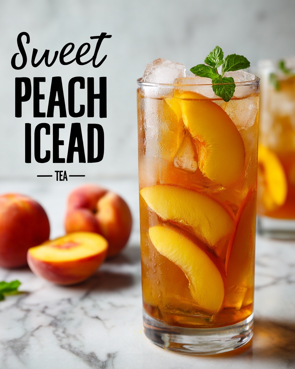 A tall clear glass filled with light brown iced tea containing many bright orange peach slices stacked inside, topped with small ice cubes and a fresh green mint leaf near the rim; the glass is placed on a white marbled surface with blurred iced tea glasses and whole peaches in the background, with the text