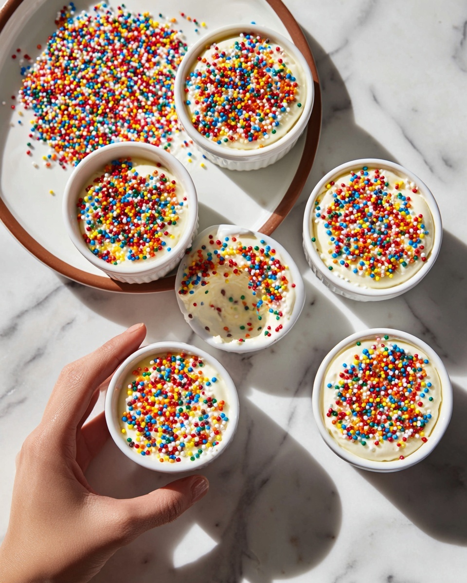 Five white ramekins filled with a smooth white creamy layer topped with many small round colorful sprinkles in red, blue, yellow, green, pink, orange, and white, covering the surface evenly. One woman's hand is holding an upside-down ramekin over a white plate with a dark-edged rim, pressing it into more sprinkles scattered on the plate. The ramekins and plate are placed on a white marbled surface with soft natural light creating gentle shadows. photo taken with an iphone --ar 4:5 --v 7