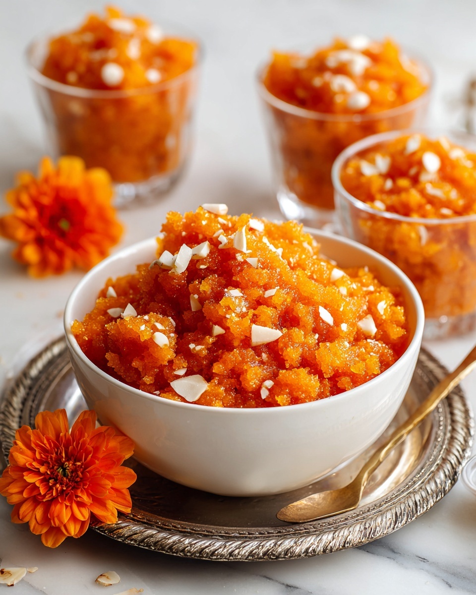 The image shows a large white bowl filled with an orange, grainy-textured dish garnished with several white slivers of almonds scattered on top. Around the large bowl, there are three smaller clear glass bowls, each filled with the same orange dish and also topped with almond slivers. The bowls are placed on a silver tray covered by a light, textured cloth, with a few small orange flowers adding a touch of color beside the tray. The entire setting is on a white marbled surface. photo taken with an iphone --ar 4:5 --v 7