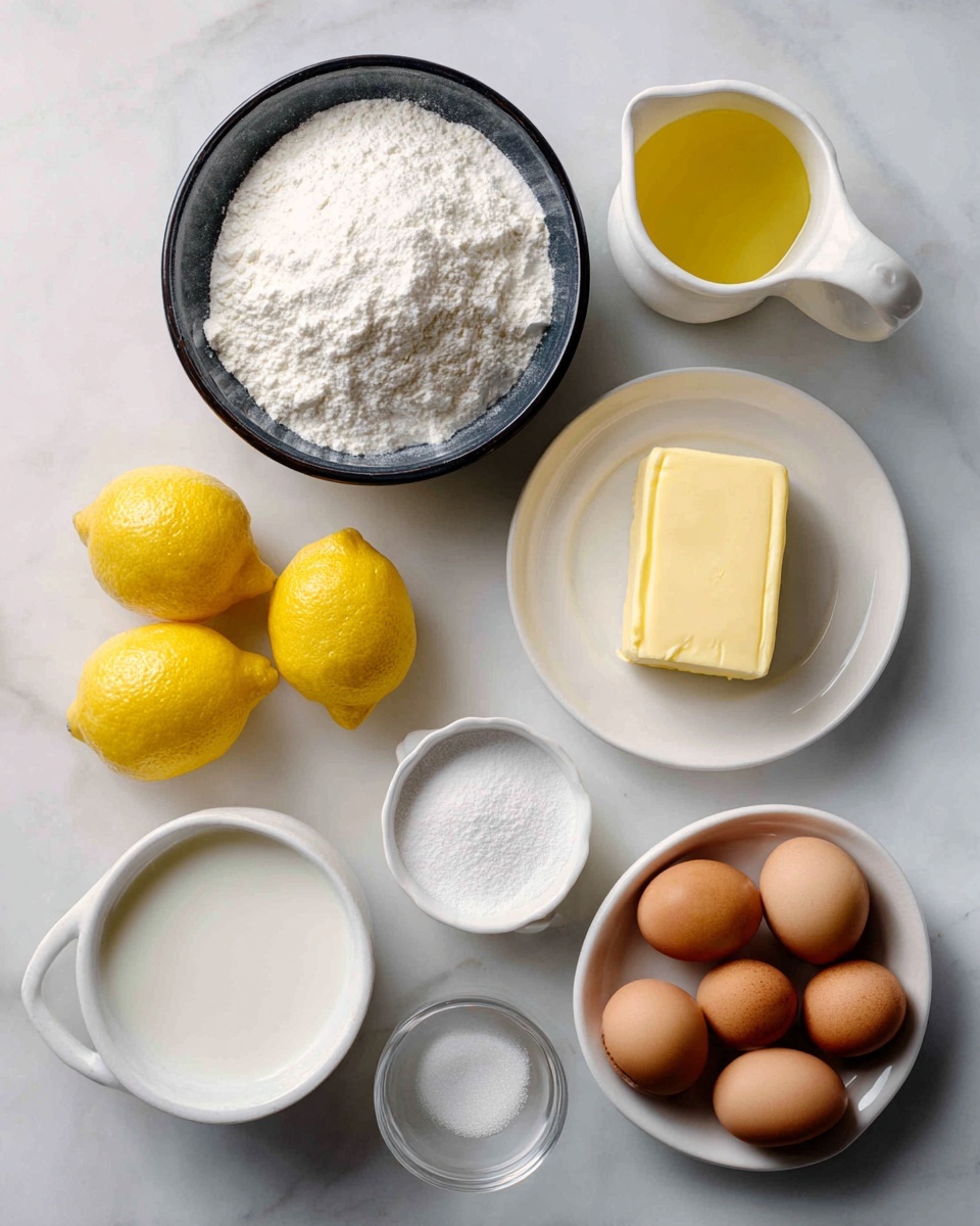 The image shows several ingredients placed on a white marbled surface, each in a separate white or dark dish. At the top center, there is a dark bowl filled with white sugar. Below it, slightly to the left, is a white bowl holding white all-purpose flour. To the right of the flour, a small white plate holds a yellow block of unsalted butter. A small white pitcher containing light yellow oil is to the right of the sugar, and on the left side at the top is a small white measuring cup with milk. Three bright yellow lemons sit in the bottom left corner. Below the lemons is a shallow white bowl filled with white buttermilk. Directly below the flour bowl is a small glass bottle of lemon extract. A small glass bowl with white leavening agents, such as baking powder or baking soda, lies at the bottom center. Finally, to the right, a white bowl holds four brown eggs. The ingredients are neatly arranged, and the scene is brightly lit, creating a clean and fresh look. Photo taken with an iphone --ar 4:5 --v 7
