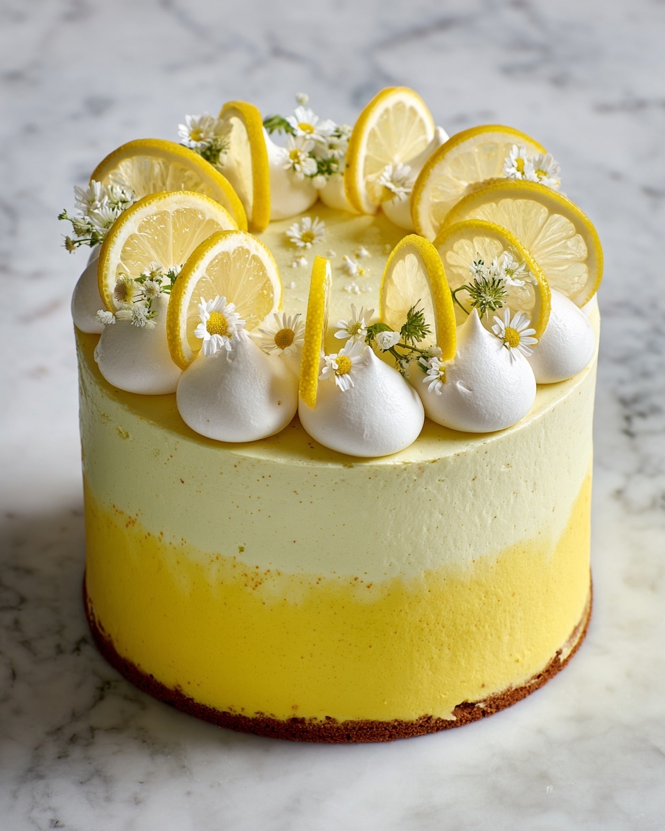 This is a round layered cake with three visible layers covered in smooth yellow frosting that fades to a lighter yellow near the bottom. The sides have a soft textured pattern in the frosting. On top, there are slices of lemon and yellow dollops of cream arranged around the edge, alternating with white dollops of cream. Small white flowers are placed delicately on top around the lemons. The cake is placed on a white marble board and the background is a white marbled texture photo taken with an iphone --ar 4:5 --v 7