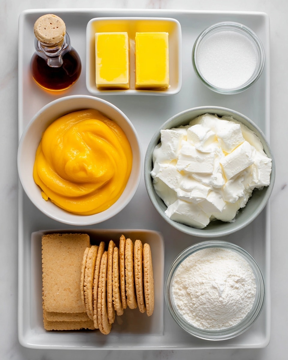 A white marbled surface holds an arrangement of ingredients for a mango dessert: at the top left, a small dark amber bottle of vanilla extract; next to it on the right, a small white dish with three rectangular blocks of bright yellow butter; top right corner shows a small clear jar filled with white sugar. Below, towards the center left, a white bowl contains vibrant smooth mango pulp with a glossy texture. To the right, a gray bowl holds a generous amount of soft, white cream cheese with a fluffy appearance. At the bottom left, a gray bowl is filled with round golden-brown digestive biscuits neatly stacked. Lower center features a small white bowl of thick white sour cream, while at the bottom right, a clear jar is filled with fine white cornflour. Each ingredient is neatly labeled with bold black text in white boxes. Photo taken with an iphone --ar 4:5 --v 7