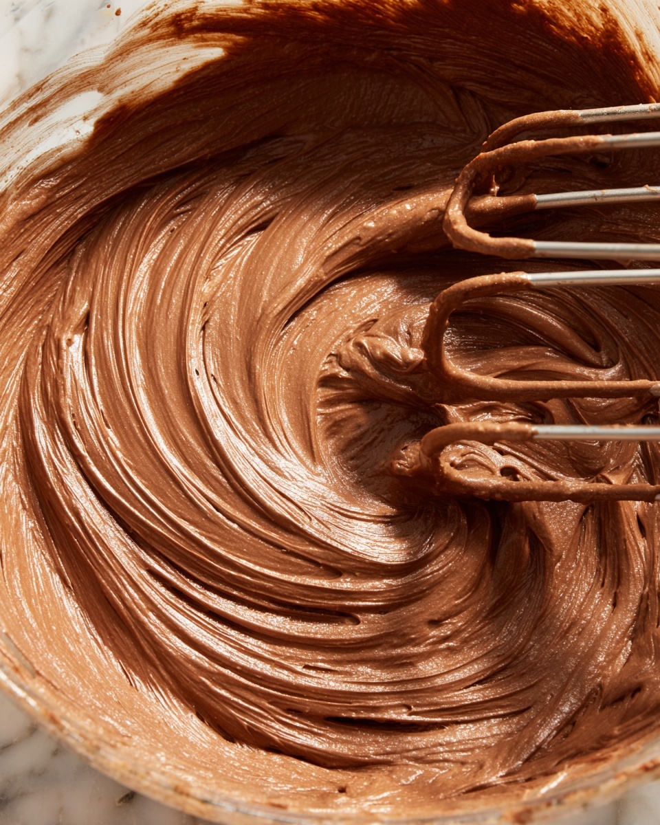 A close-up view of a smooth, thick layer of chocolate batter in a clear glass bowl, with visible swirling patterns made by a metal mixer. The batter has a rich, medium brown color with a shiny, soft texture showing curved ridges from mixing, and the silver mixer beaters are partially submerged in the center, creating a vortex effect in the glossy chocolate. The bowl rests on a white marbled surface. Photo taken with an iphone --ar 4:5 --v 7