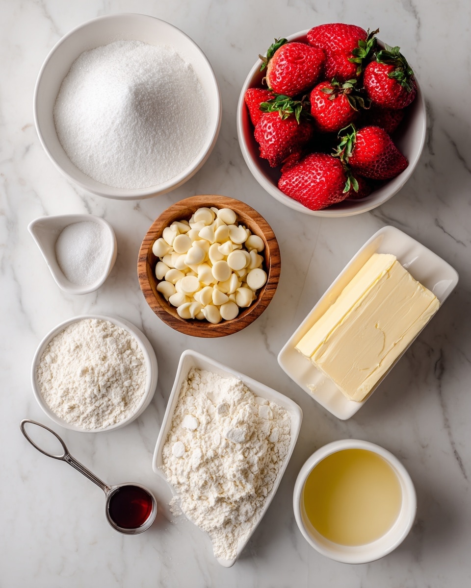 The image shows seven white dishes arranged on a white marbled surface, each holding a different ingredient for strawberry cookies. At the top left, there is a white bowl filled with fine white sugar. To its right is another white bowl filled with bright red strawberries with green tops. Below the sugar, a smaller wooden bowl contains white baking powder. Next to it, a white bowl is filled with creamy white chocolate chips that have a smooth, rounded texture. Below this, a white bowl holds white flour with a metal measuring spoon resting inside. To the right of the flour is a white rectangular dish with a stick of pale yellow butter, showing smooth texture and slight melting at the edges. At the bottom right, a white bowl contains pale yellow lemon juice. A small metal measuring spoon with dark liquid vanilla extract sits to the left of the flour. The ingredients are evenly spaced with good lighting and no shadow, set nicely against the clean white marbled background. Photo taken with an iphone --ar 4:5 --v 7