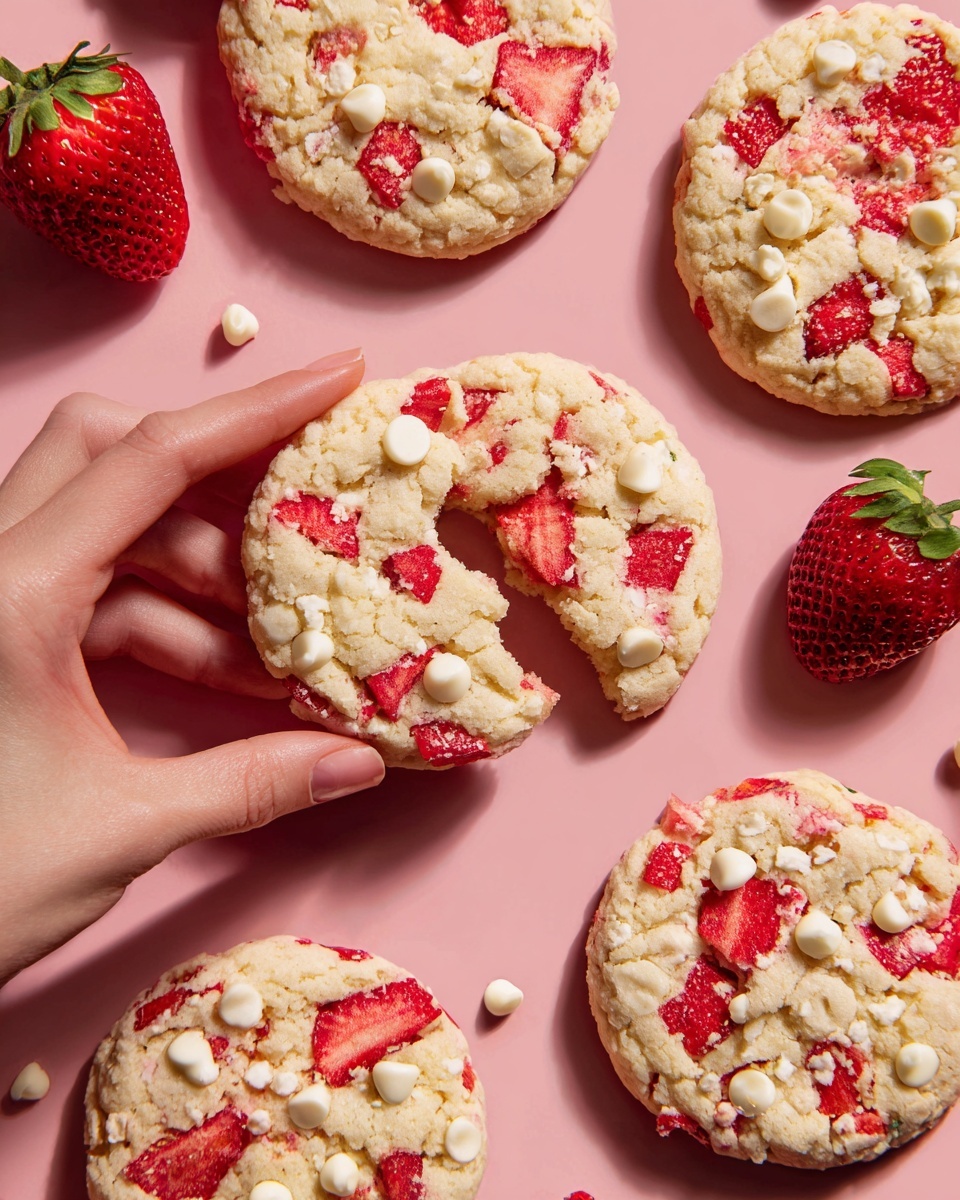 A close-up view shows round cookies with a soft, slightly bumpy texture mixed with white chocolate chips and small pieces of red strawberries inside. The cookies are light golden with hints of pink from the strawberry bits. Some cookies are whole, and one cookie has a bite taken out, revealing a slightly moist inside. White chocolate chips are scattered both on the cookies and on the white marbled surface beneath them, which also has two bright red strawberries on the side. The overall look is bright and fresh with a soft pink backdrop behind the white marbled surface. Photo taken with an iphone --ar 4:5 --v 7