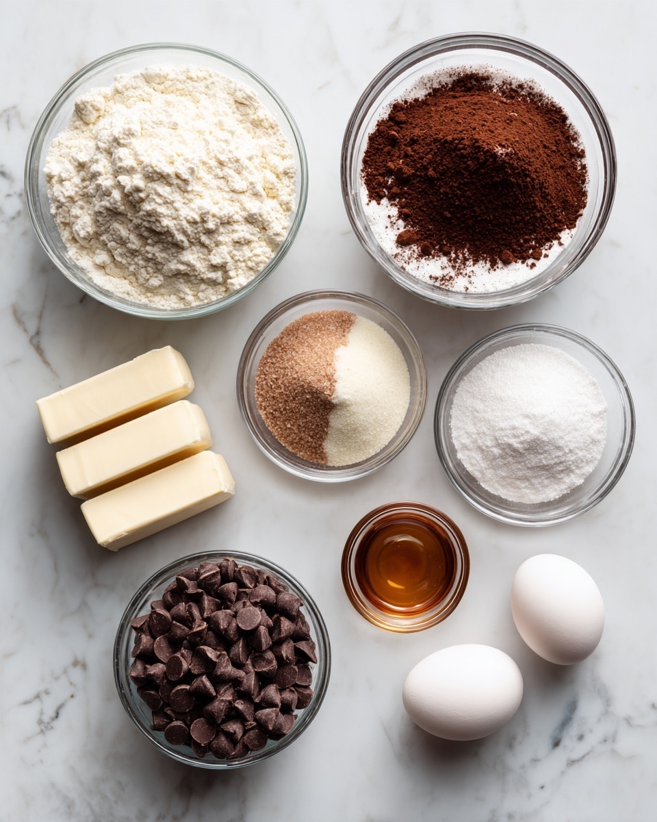 The image shows several clear glass bowls and other ingredients arranged on a white marbled surface. In the top left, a large bowl holds two layers: an off-white flour layer with a dark brown espresso powder layer covering about half of the flour. To the right, a small bowl contains a mix of white salt, baking powder, and baking soda powders. Below, there is another medium bowl with a two-layer mix of pale brown sugar and white sugar granules. Below those bowls, a medium bowl is filled with dark brown chocolate chips. At the bottom left, two sticks of pale yellow butter lie side by side. To the right of the butter, two white eggs rest next to a small clear cup filled with light brown vanilla extract. Each ingredient is spaced evenly and cleanly on the surface, showing clear texture and color contrasts. Photo taken with an iphone --ar 4:5 --v 7