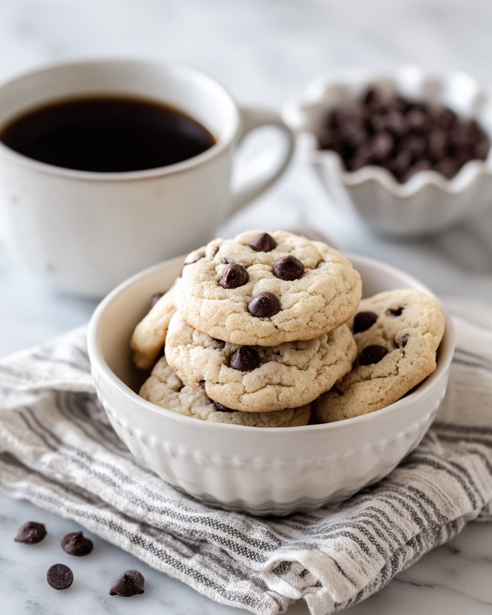 Several light brown chocolate chip cookies with dark chocolate chips on top are stacked inside a white bowl lined with a striped cloth. In the background, there is a white cup filled with black coffee. To the side, there is a small white bowl filled with more dark chocolate chips. The setting is on a white marbled surface photo taken with an iphone --ar 4:5 --v 7