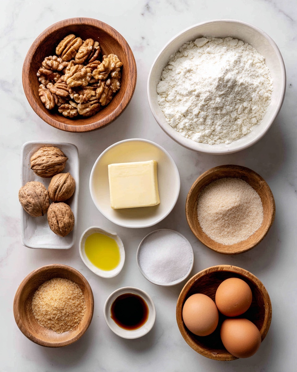 The image shows eight small white bowls and wooden bowls on a white marbled surface, each filled with different baking ingredients. Starting from the top left, a wooden bowl holds whole walnuts, next to it a small white bowl contains salt. To the right, a large white bowl is filled with white flour. Below the walnuts, a small white bowl has a stick of pale yellow butter. Beside it, a small white bowl holds a clear yellow liquid, likely oil. Next is a small white bowl with dark brown liquid, possibly vanilla extract. In the lower row, a wooden bowl is filled with light brown sugar, a small white bowl contains white sugar or cream, a small bowl has a pinch of brown spice, and lastly, a wooden bowl holds three brown eggs. photo taken with an iphone --ar 4:5 --v 7