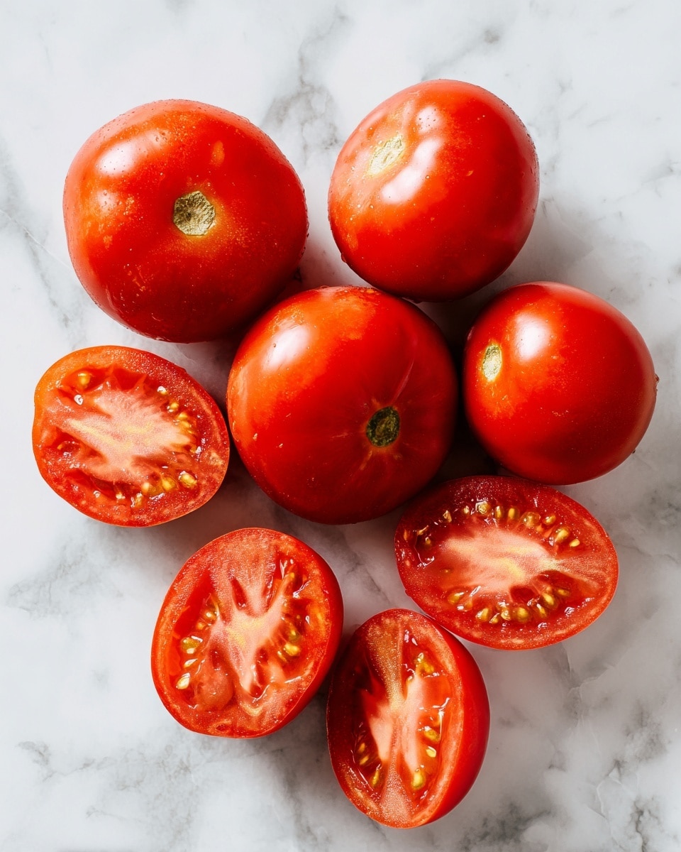 The image shows seven whole tomatoes and four tomato halves placed on a surface with a white marbled texture. The whole tomatoes are bright red with smooth skin and small, light-colored scars at their stems. The tomato halves reveal their bright red flesh with visible seeds and juiciness inside. They are arranged casually, some whole tomatoes grouped together and the cut ones spread out nearby, showing the soft, wet texture inside. photo taken with an iphone --ar 4:5 --v 7