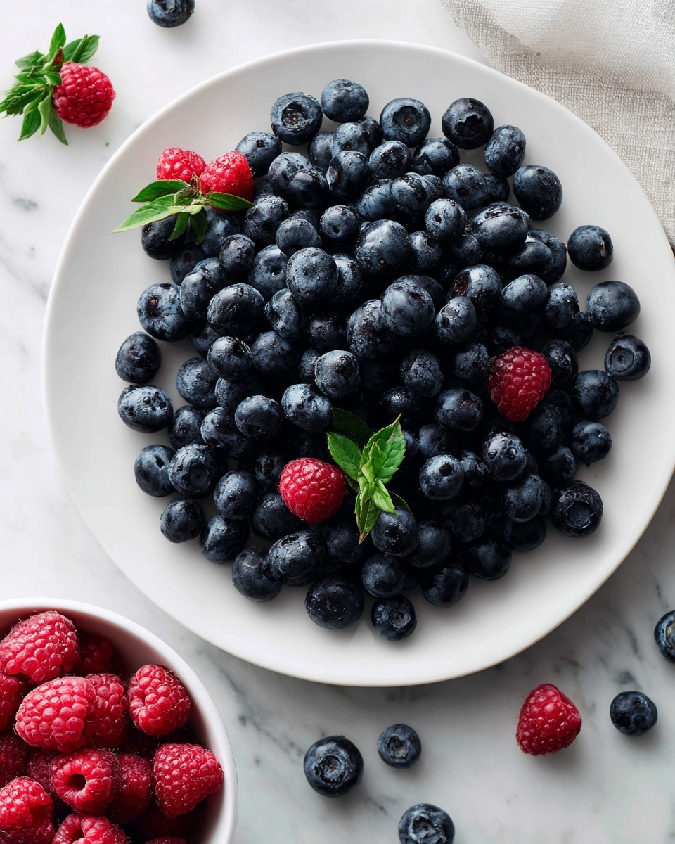 A white plate filled with a large pile of dark blue blueberries, some with small green leaves and a few red and green berries mixed in, placed on a white marbled surface. On the bottom left, a smaller portion of bright red raspberries can be seen in a white bowl. The overall look is fresh, colorful, and natural. photo taken with an iphone --ar 4:5 --v 7