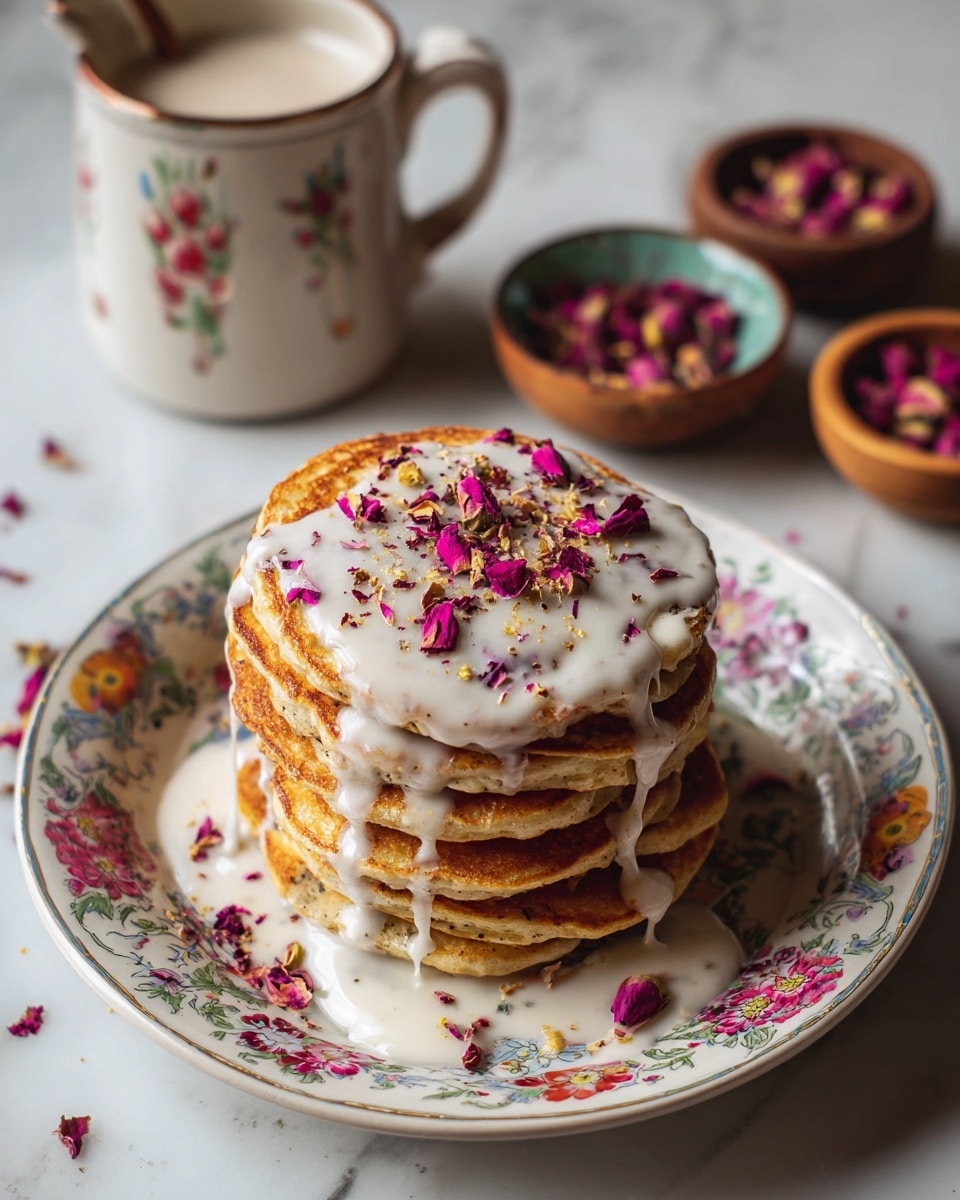 A stack of six golden-brown pancakes sits in the center of a white plate with colorful floral patterns. The top of the pancakes is covered with a thick layer of white cream that flows down the sides and pools around the base. Scattered over the cream and pancakes are dried pink and purple flower petals, adding texture and color contrast. On the left side of the plate, a few extra pancakes are partially visible with some petals on them too. In the background, a small white cup with more flower petals and cream, a cup of milk, and a bowl of powdered sugar rest on a white marbled surface. photo taken with an iphone --ar 4:5 --v 7