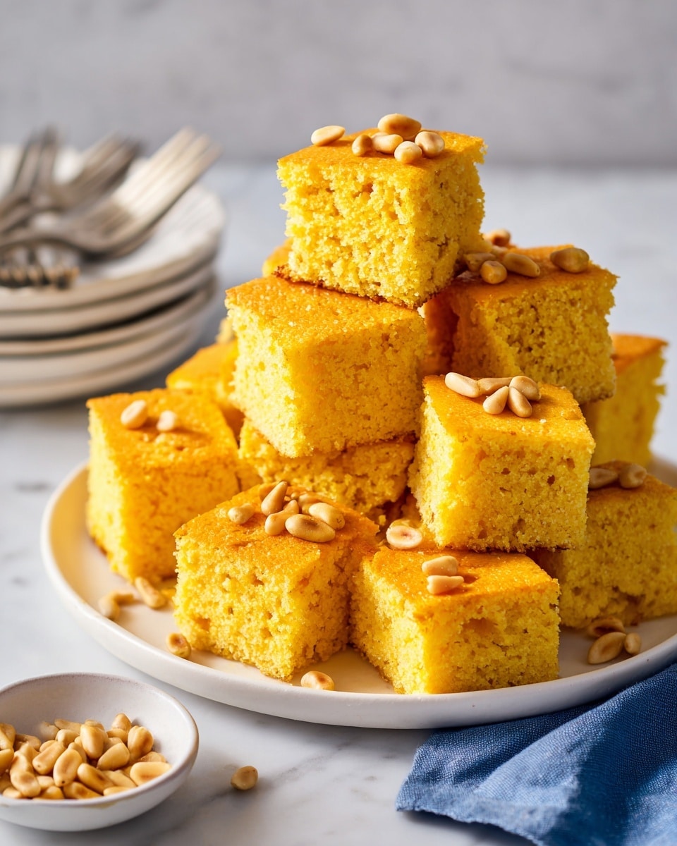 The image shows a white plate with a thin gold rim holding 15 small square pieces of yellow cornbread topped with scattered pine nuts. Each piece is thick and textured, showing a moist crumb inside, with some pine nuts slightly browned on top. To the top left of the plate, there is a small white bowl filled with pine nuts. On the right side, there are two stacked white plates with two forks resting on them. A light blue cloth is folded on the bottom right corner against a white marbled surface. photo taken with an iphone --ar 4:5 --v 7