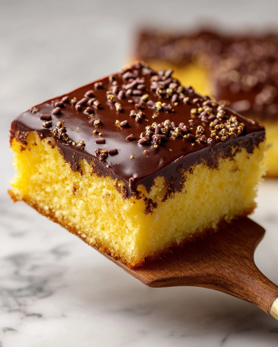 The image shows a square piece of cake with two clear layers. The bottom layer is bright yellow, soft, and fluffy. The top layer is a thick, smooth dark brown chocolate frosting, scattered with small, thin chocolate sprinkles. A woman's hand is holding a wooden spatula that lifts the cake piece slightly above a wooden board, where more similar cake pieces are placed. The background is a white marbled texture. photo taken with an iphone --ar 4:5 --v 7