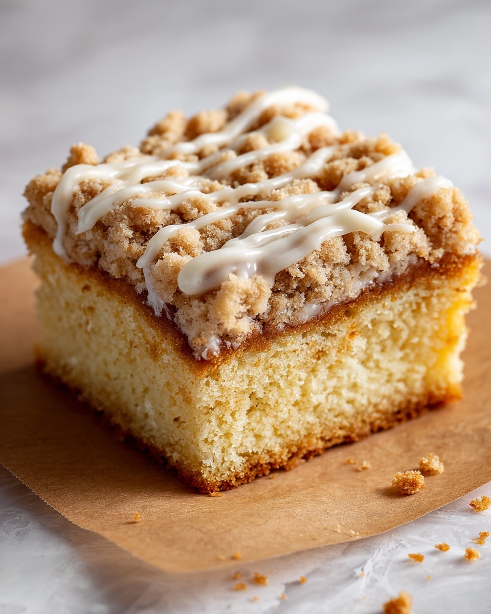 A close-up of a square cake piece with three main layers: the bottom and middle layers are light yellow with a soft, airy texture, separated by a thin brown layer of cinnamon or spice mixture, and the top layer is a thicker crumbly brown streusel with a slightly rough texture, drizzled with thin white icing lines. The cake is placed on brown parchment paper on a round baking tray with a blurred white marbled texture background. Photo taken with an iphone --ar 4:5 --v 7