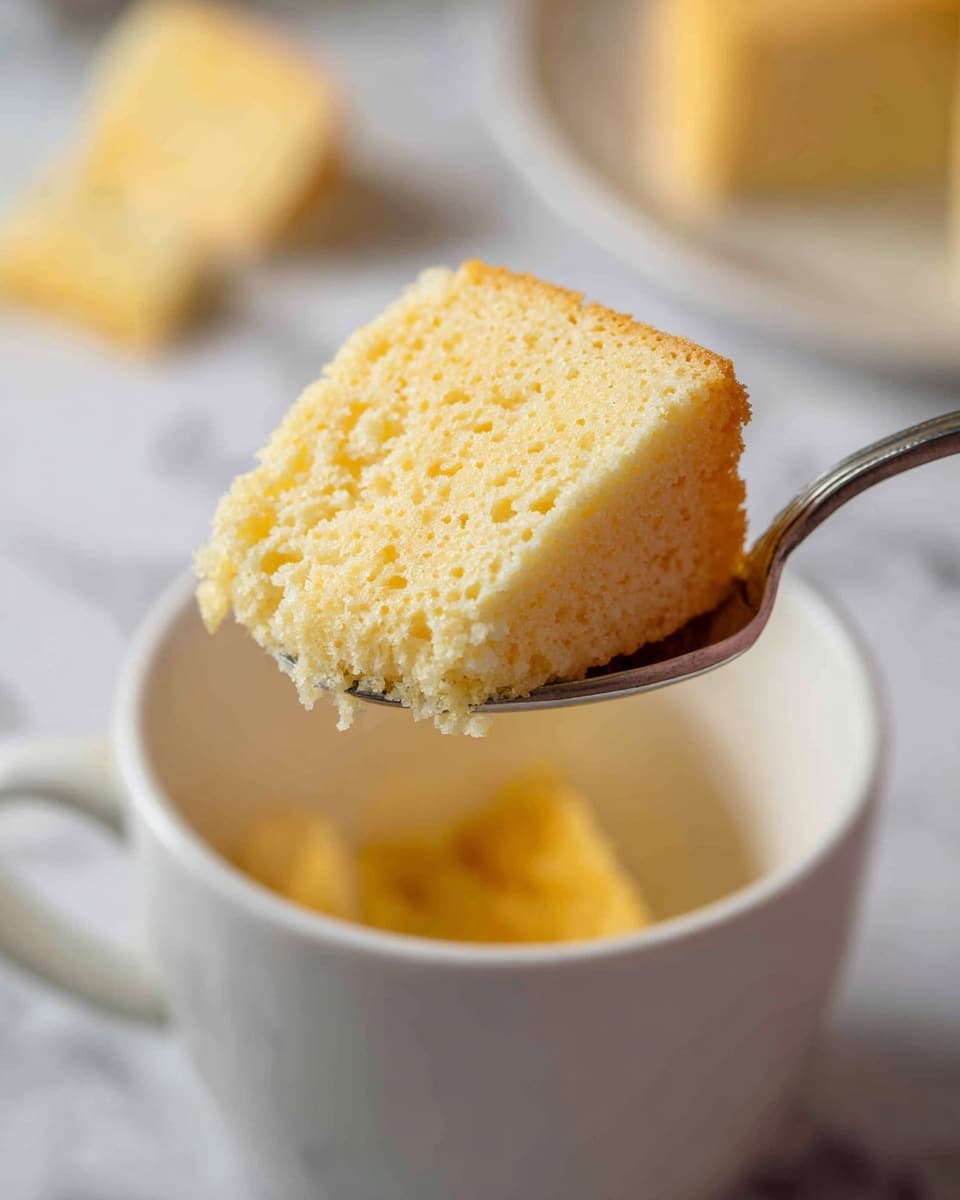 A close-up of a spoon lifting a soft, pale yellow cake-like dessert from a white mug. The dessert has a light, fluffy texture with small holes and a moist appearance. Inside the mug, more of the same dessert is visible, showing an even, spongy surface. The background features a white marbled texture and some blurred yellow shapes. Photo taken with an iphone --ar 4:5 --v 7