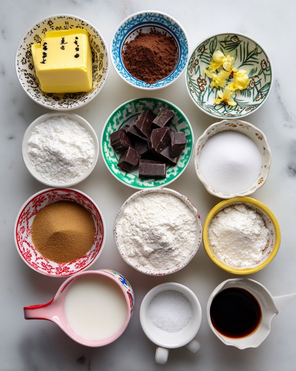 The image shows nine small white bowls arranged on a white marbled surface, each holding different baking ingredients. The top row has three bowls: butter in a smooth yellow block, dark brown cocoa powder with a fine texture, and dark chocolate chunks in rough pieces. Below them, there are three more bowls: white granulated sugar with a grainy look, light brown sugar with a slightly moist texture, and plain white flour in a fluffy pile. At the bottom are three small containers: a pink one with white milk, a red one with dark vanilla extract, and a white bowl with a red rim holding fine white salt. Next to the salt, there is a white bowl with a Disney character showing white baking powder. All bowls are placed neatly, bright lighting highlights the colors and textures of each ingredient, and the photo taken with an iphone --ar 4:5 --v 7