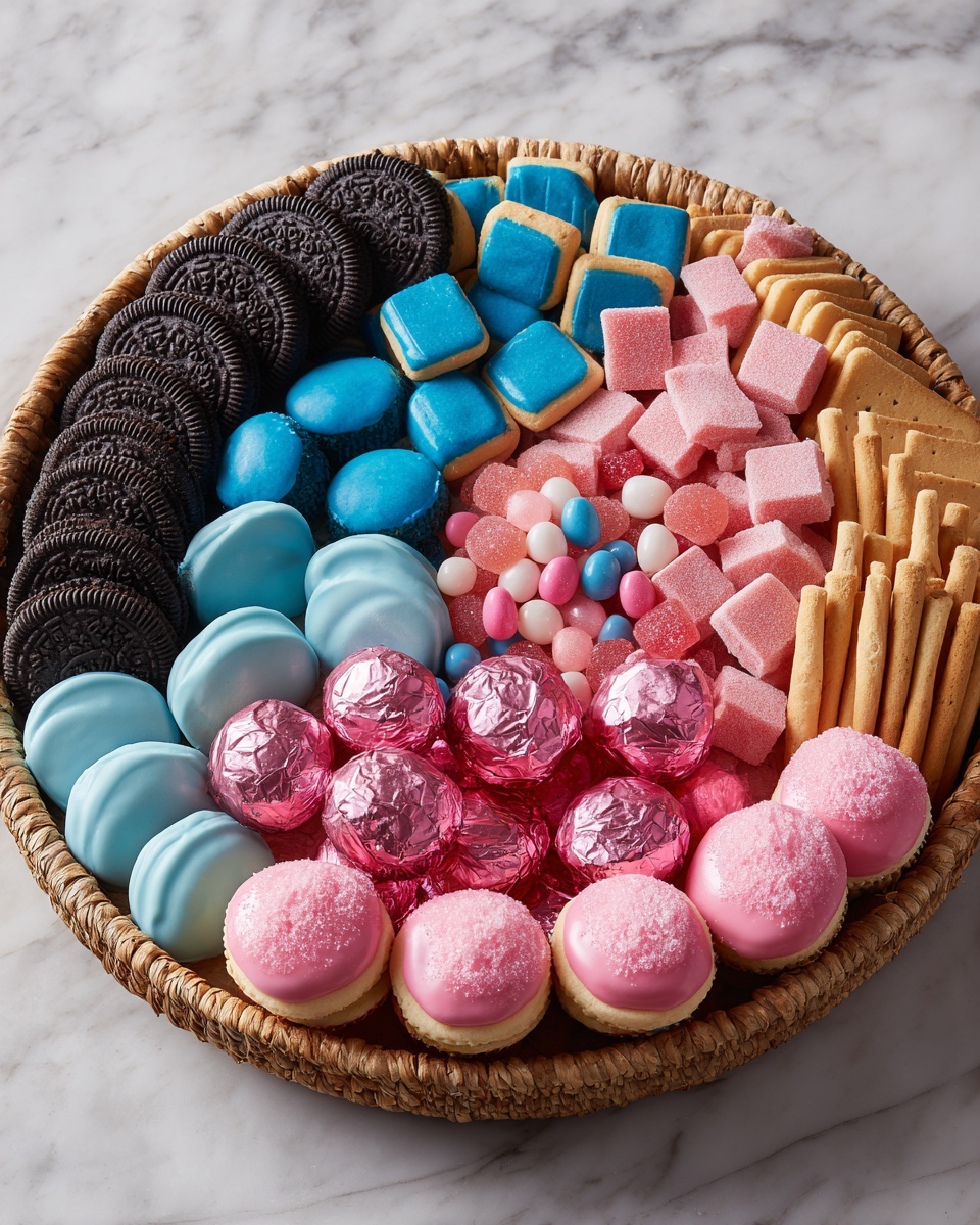 The image shows nine clear glass bowls arranged on a white marbled surface in three rows. The top row from left to right holds colorful wrapped round chocolates in purple and blue foil, long thin biscuit sticks dipped halfway in dark chocolate, blue and pink shiny candy-coated almonds, and a small bowl with white powdered sugar. The middle row has light brown square biscuits with a woven pattern, red and blue gummy candies shaped like bears, and a bowl of black sandwich cookies with cream filling. The bottom row shows round golden-brown cheese-flavored snacks and another small bowl of white powdered sugar. The bright lighting and clear shadows highlight the colors and textures of each item. Photo taken with an iphone --ar 4:5 --v 7