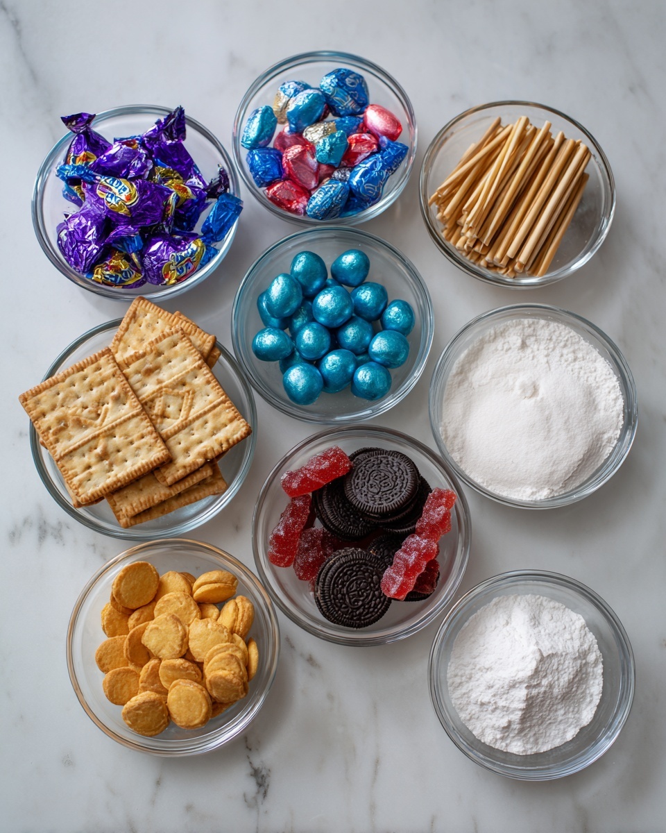 A round platter sits on a white marbled surface filled with colorful sweets arranged in layers. The outer ring has dark chocolate sandwich cookies dipped halfway in shiny pink coating, next to small square cookies half-covered in glossy red topping, and a few long biscuit sticks wrapped in chocolate with shiny red tips. Inside that ring, there are round pink coated candies, some pink frosted round treats, and small candy sticks in red and blue. Closer to the center, there are lavender blue oval candies, a few round candies wrapped in blue foil, and cookies topped with bright blue glossy icing. The colors are mostly pink, red, blue, lavender, and black, with a mix of shiny textures. photo taken with an iphone --ar 4:5 --v 7
