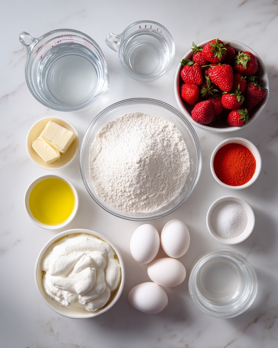 The image shows nine ingredients arranged neatly on a white marbled surface. In the center is a clear glass bowl filled with white cake mix, surrounded by smaller white bowls and containers. At the top left, a clear glass measuring cup holds clear water. To its right, a small white bowl contains bright red strawberries with green leaves visible. Below the strawberries, a small white bowl filled with light yellow oil is placed. At the bottom left, a white container holds fluffy white whipped cream. Three white eggs are placed in a small cluster slightly right of this container. Above the eggs, a white bowl contains an orange powder labeled JELLO. To the bottom right of the eggs, there is a white bowl also filled with clear water. Each ingredient is labeled with black and white text to identify it visually. photo taken with an iphone --ar 4:5 --v 7