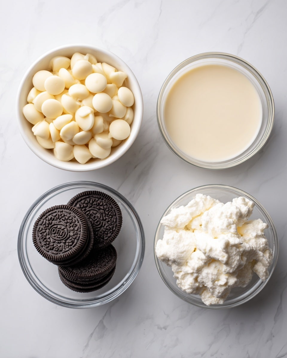 The image shows four bowls on a white marbled surface arranged in a square shape. The top left bowl is white and filled with small, round, creamy white chocolate chips that have a smooth texture. The top right bowl is a clear glass bowl with a thick, light beige liquid, labeled as sweetened condensed milk. The bottom left bowl is clear glass and contains whole Oreo cookies stacked loosely, showing their dark brown color and cream filling. The bottom right bowl is white and filled with fluffy, white marshmallow fluff that looks soft and airy. photo taken with an iphone --ar 4:5 --v 7