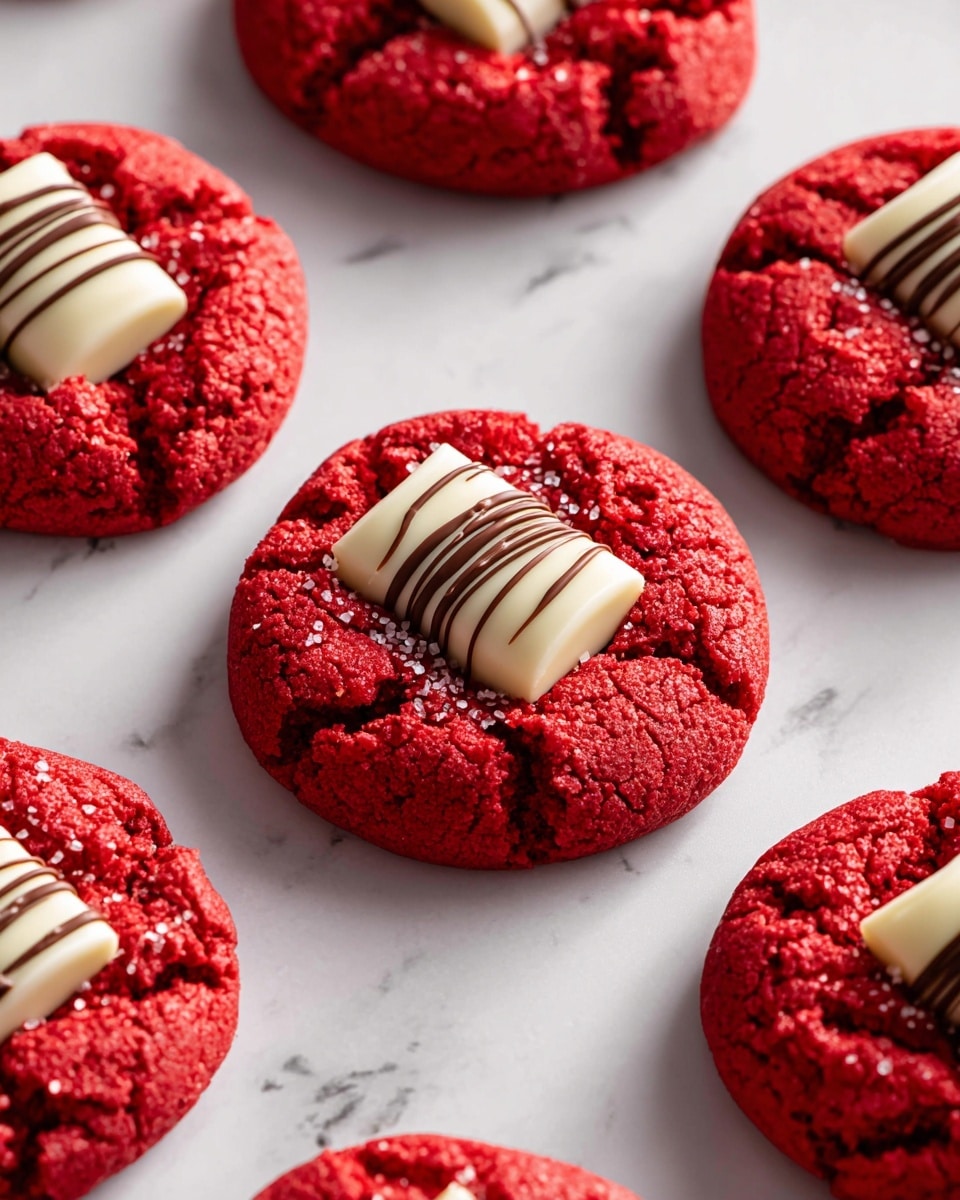 The image shows several round cookies with a cracked texture, each topped with a single white chocolate piece that has dark brown stripes. The cookies are bright red and have a soft, slightly crumbly surface. The white chocolate pieces are placed in the center of the cookies, slightly pressed down so they sit partly in the dough. The cookies are arranged in rows on a white marbled surface. photo taken with an iphone --ar 4:5 --v 7