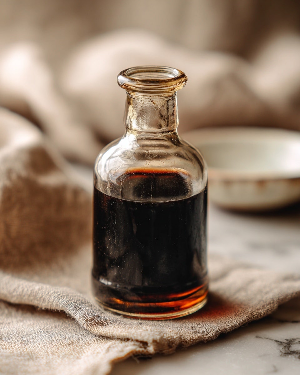 A small clear glass bottle with a short neck and rounded shoulders is half-filled with a dark brown liquid. The bottle sits on a textured beige cloth on a white marbled surface, with a blurred white dish in the background. The bottle has a simple, old-fashioned look with a narrow opening. photo taken with an iphone --ar 4:5 --v 7