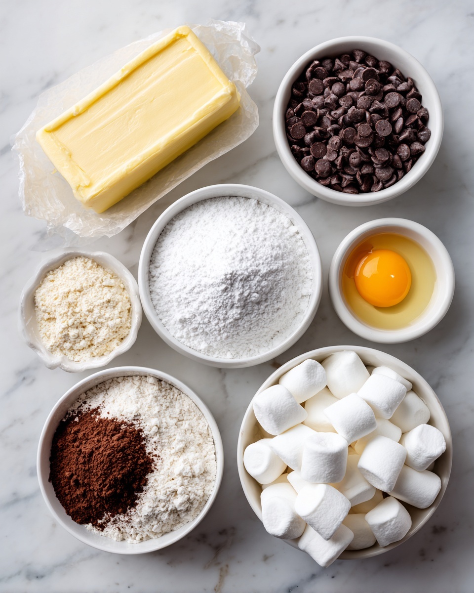 The image shows seven baking ingredients placed on a white marbled surface. In the top left, a rectangular pale yellow block of unsalted butter sits on its paper wrapping. Next to it on the right, a small white bowl holds dark brown chocolate chips, smooth and round. Below the butter, a small white bowl contains a raw egg with a bright yellow yolk floating in clear white. At the center, a larger white bowl is filled with fine white sugar, shaped like a small mound. To the bottom left, a white bowl holds a mix of light beige flour, white baking powder, and dark brown Dutch cocoa powder, all softly piled together. To the right of the bowl with flour, a small white bowl filled with white, soft marshmallows sits near the bottom right corner. The ingredients are neat and spaced apart against the white marbled background, with clear labeling in black text around them. Photo taken with an iphone --ar 4:5 --v 7