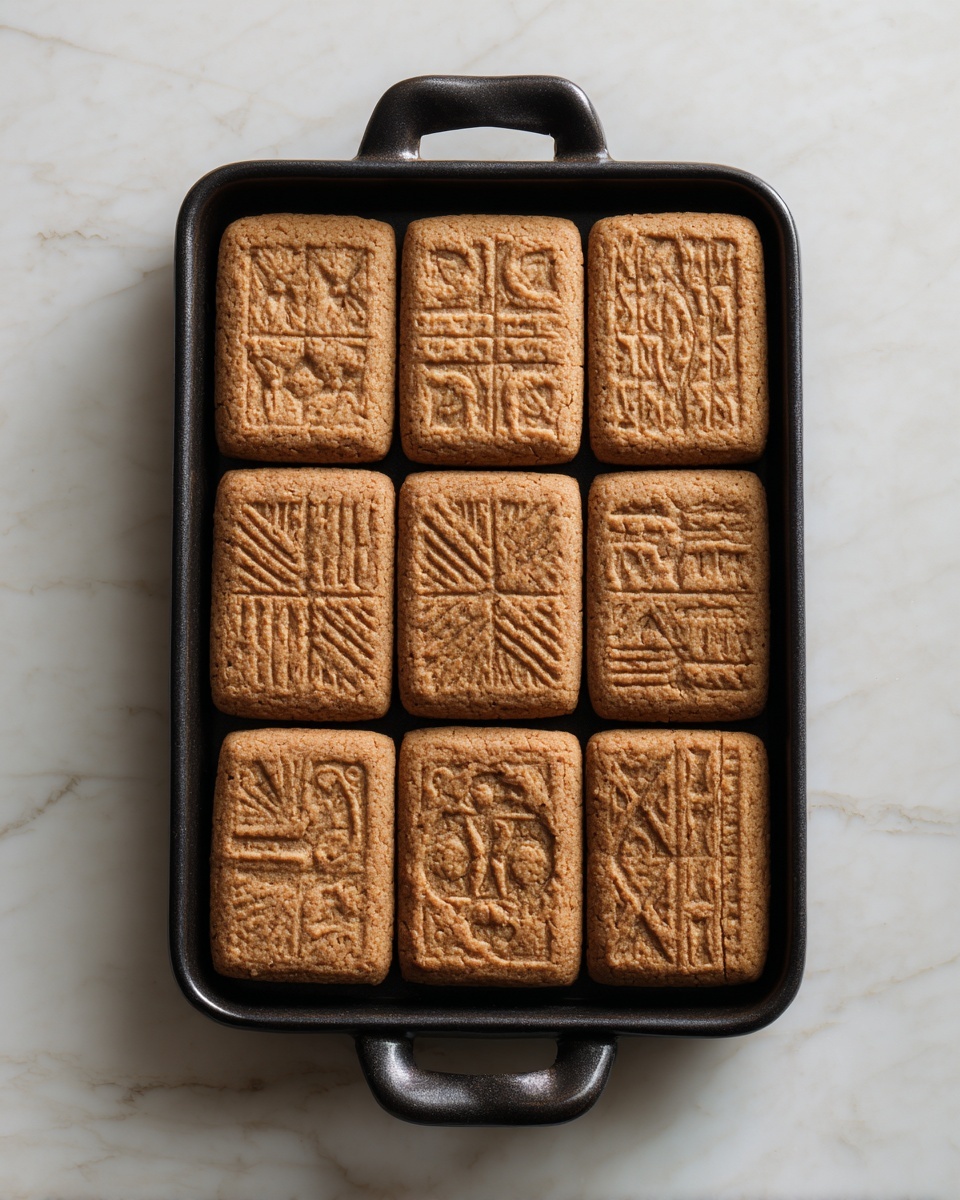 The image shows a black rectangular tray with handles on the sides, filled with two rows of six square-shaped brown biscuits. Each biscuit has a different intricate pattern or picture pressed into its surface, resembling ancient carvings or symbols. The biscuits have a rough, grainy texture and a warm brown color. The tray is placed on a white marbled surface. Photo taken with an iphone --ar 4:5 --v 7